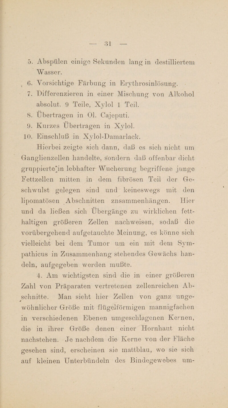 5. Abspülen einige Sekunden lang in destilliertem Wasser. c 6. Vorsichtige Färbung in Erythrosinlösung. 7. Differenzieren in einer Mischung von Alkohol absolut. 9 Teile, Xylol 1 Teil. 8. Übertragen in Oh Cajeputi. 9. Kurzes Übertragen in Xylol. 10. Einschluß in Xylol-Damarlack. Hierbei zeigte sich dann, daß es sich nicht um Ganglienzellen handelte, sondern daß offenbar dicht gruppiertepn lebhafter Wucherung begriffene junge Fettzellen mitten in dem fibrösen Teil der Ge¬ schwulst gelegen sind und keineswegs mit den lipomatösen Abschnitten Zusammenhängen. Hier und da ließen sich Übergänge zu wirklichen fett¬ haltigen größeren Zellen nachweisen, sodaß die vorübergehend aufgetauchte Meinung, es könne sich vielleicht bei dem Tumor um ein mit dem Sym- pathicus in Zusammenhang stehendes Gewächs han¬ deln, aufgegeben werden mußte. 4. Am wichtigsten sind die in einer größeren Zahl von Präparaten vertretenen zellenreichen Ab¬ schnitte. Man sieht hier Zellen von ganz unge¬ wöhnlicher Größe mit flügelförmigen mannigfachen in verschiedenen Ebenen umgeschlagenen Kernen, die in ihrer Größe denen einer Hornhaut nicht nachstehen. Je nachdem die Kerne von der Fläche gesehen sind, erscheinen sie mattblau, wo sie sich auf kleinen Unterbündeln des Bindegewebes um-