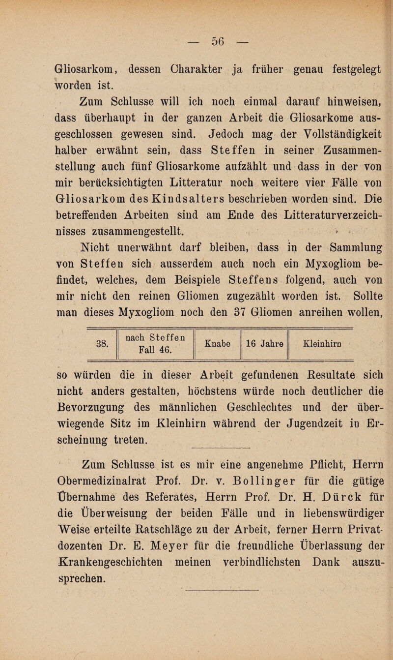 Gliosarkom, dessen Charakter ja früher genau festgelegt worden ist. Zum Schlüsse will ich noch einmal darauf hinweisen, dass überhaupt in der ganzen Arbeit die Gliosarkome aus¬ geschlossen gewesen sind. Jedoch mag der Vollständigkeit halber erwähnt sein, dass Steffen in seiner Zusammen¬ stellung auch fünf Gliosarkome aufzählt und dass in der von mir berücksichtigten Litteratur noch weitere vier Fälle von Gliosarkom des Kindsalters beschrieben worden sind. Die betreffenden Arbeiten sind am Ende des Litteraturverzeich- nisses zusammengestellt. * ■ 8 Nicht unerwähnt darf bleiben, dass in der Sammlung von Steffen sich ausserdem auch noch ein Myxogliom be¬ findet, welches, dem Beispiele Steffens folgend, auch von mir nicht den reinen Gliomen zugezählt worden ist. Sollte man dieses Myxogliom noch den 37 Gliomen anreihen wollen, 38. nach Steffen Knabe 16 Jahre Kleinhirn Fall 46. so würden die in dieser Arbeit gefundenen Resultate sich nicht anders gestalten, höchstens würde noch deutlicher die Bevorzugung des männlichen Geschlechtes und der über¬ wiegende Sitz im Kleinhirn während der Jugendzeit in Er¬ scheinung treten. Zum Schlüsse ist es mir eine angenehme Pflicht, Herrn Obermedizinalrat Prof. Dr. v. Bollinger für die gütige Übernahme des Referates, Herrn Prof. Dr. H. Dürck für die Überweisung der beiden Fälle und in liebenswürdiger Weise erteilte Ratschläge zu der Arbeit, ferner Herrn Privat dozenten Dr. E. Meyer für die freundliche Überlassung der Krankengeschichten meinen verbindlichsten Dank auszu¬ sprechen.