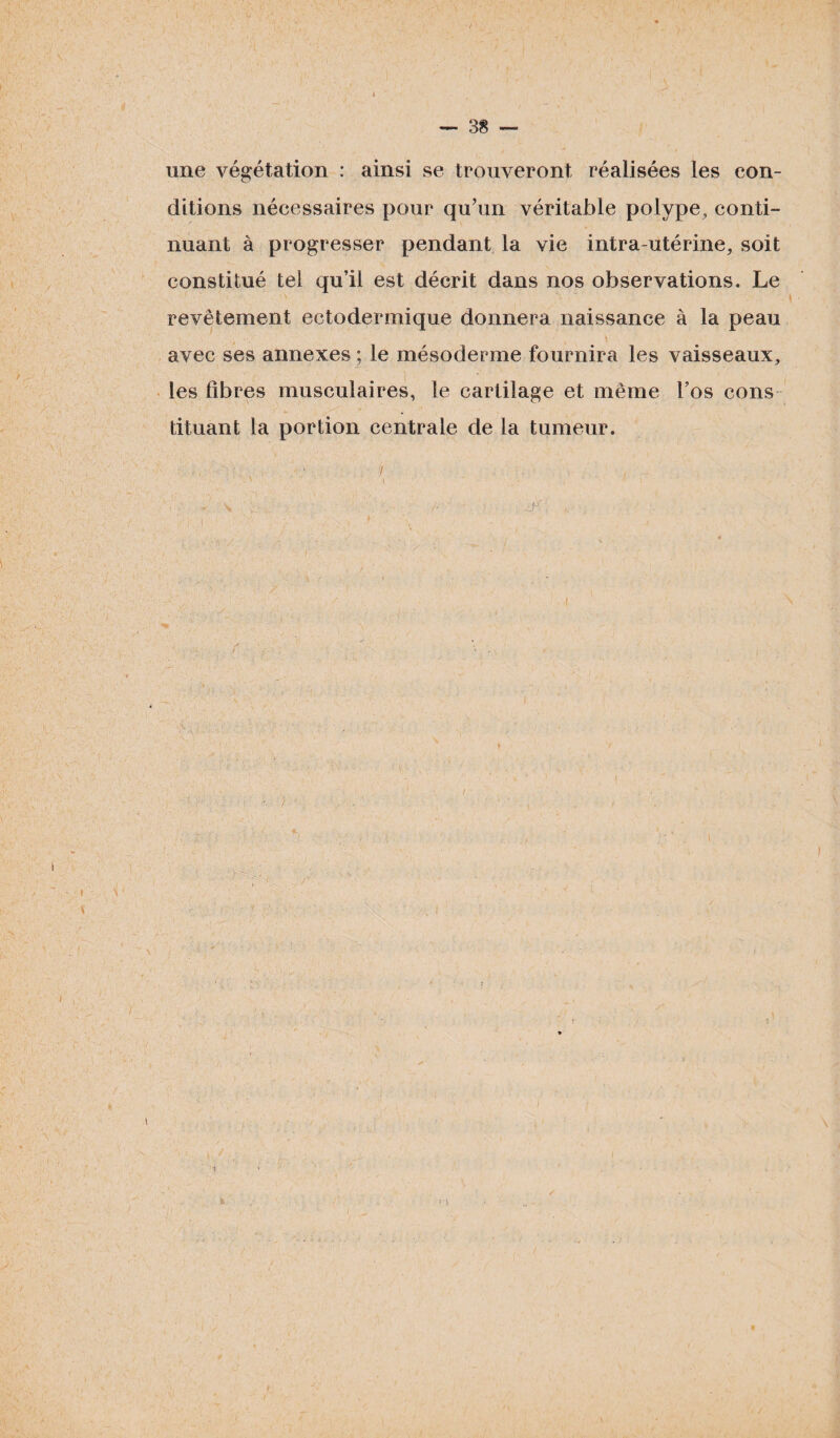 — 38 — une végétation : ainsi se trouveront réalisées les con¬ ditions nécessaires pour qu’un véritable polype, conti¬ nuant à progresser pendant la vie intra-utérine, soit constitué tel qu’il est décrit dans nos observations. Le revêtement ectodermique donnera naissance à la peau avec ses annexes ; le mésoderme fournira les vaisseaux, les fibres musculaires, le cartilage et même l’os cons tituant la portion centrale de la tumeur.