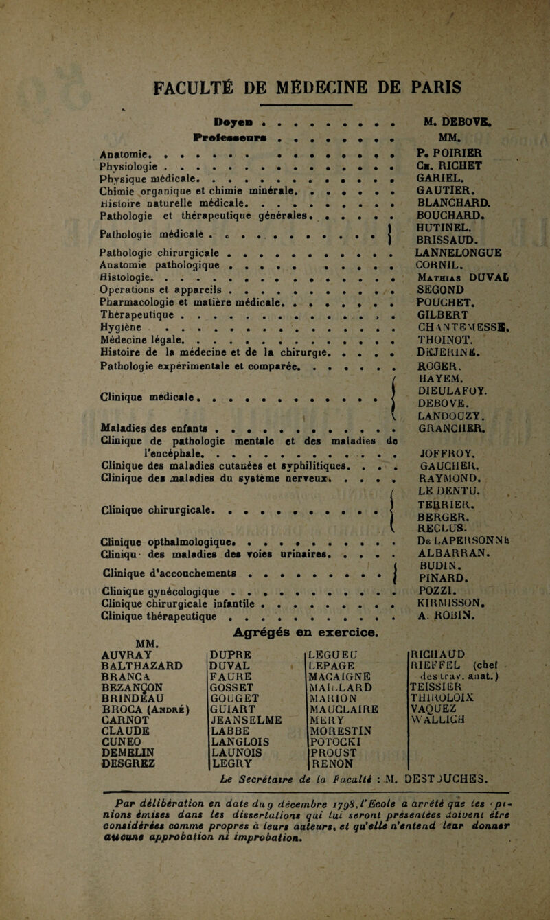 M. Doyen M. DEBOVE. Professeurs MM. Anatomie. ...... • ••••••• Physiologie.. Physique médicale....••••• Chimie organique et chimie minérale. •••••• histoire naturelle médicale. • Pathologie et thérapeutique générales*. Pathologie médicale . c . •... * j Pathologie chirurgicale.. Anatomie pathologique ••••• *.*•• Histologie.. Operations et appareils. Pharmacologie et matière médicale. Thérapeutique.. Hygiène .. Médecine légale. ............. Histoire de la médecine et de la chirurgie. • • . • Pathologie expérimentale et comparée. Clinique médicale .•••••••••.. \ Maladies des enfants. Clinique de pathologie mentale et des maladies de l'encéphale.. Clinique des maladies cutanées et syphilitiques. • • • Clinique des maladies du système nerveux. .... Clinique chirurgicale. Clinique opthalmologique. • • • .. Cliniqu des maladies des voies urinaires. Clinique d'accouchements....j Clinique gynécologique ..•••••••.. Clinique chirurgicale infantile.•••• Clinique thérapeutique. P. POIRIER Cm. RICHET GARIEL. GAUTIER. BLANCHARD. BOUCHARD. HUTINEL. BRISSAUD. LANNELONGUE CORNIL. Mathias DUVAL SEGOND POUCHET. GILBERT CH ANTE MESSE. THOINOT. DKJER1NE. ROGER. HAYEM. DIEULAFOY. DEBOVE. LANDOUZY. GRANCHER. JOFFROY. GAUCHER. RAYMOND. LE DENT U. TERRIER. BERGER. RECLUS. De LAPERSONNh ALBARRAN. BUD1N. PINARD. POZZI. KIRMISSON. A. ROBIN. Agrégés en exercice. MM. AUVRAY DUPRE LEGUEU RICHAUD BALTHAZARD DUVAL LEPAGE RIEFFEL (chef BRANCA FAURE MACAIGNE des iruv. auat. ) BEZANÇON GOSSET MAL.LARD TEISSIER BR1NDEAU GOUGET MARION TH1ROLOIX BROCA (André) GUIART MAUCLAIRE VAQUEZ CARNOT JEANSELME MER Y WALL1UH CLAUDE LABBE MORESTIN CUNEO LANGLOIS POTOCKI DEMEUN LAUNOIS PROUST DESGREZ LEGRY RENON Le Secrétaire de La Faculté : M. DEST JUCHES. A Par délibération en date du g décembre 1798,1’Ecole a arrêté que les opi¬ nions émises dans les dissertations qui lui seront présentées doivent être considérées comme propres à leurs auteurs, et qu’elle n’entend leur donner aucune approbation ni improbation.