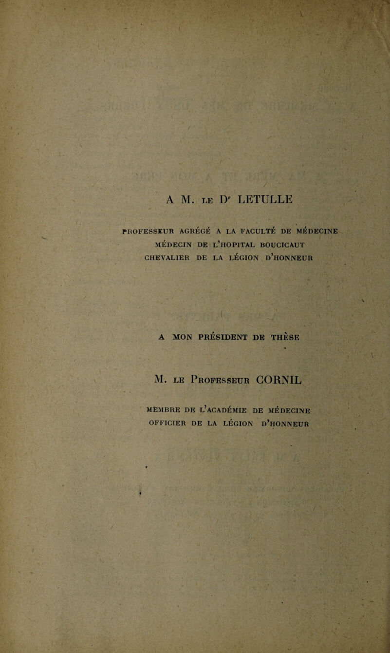 A M. LE Dr LETULLE PROFESSEUR AGRÉGÉ A LA FACULTÉ DE MÉDECINE MÉDECIN DE L’HOPITAL BOUCICAUT CHEVALIER DE LA LÉGION d’hONNEUR A MON PRÉSIDENT DE THESE M. le Professeur CORNIL MEMBRE DE L’ACADÉMIE DE MÉDECINE OFFICIER DE LA LÉGION D’HONNEUR