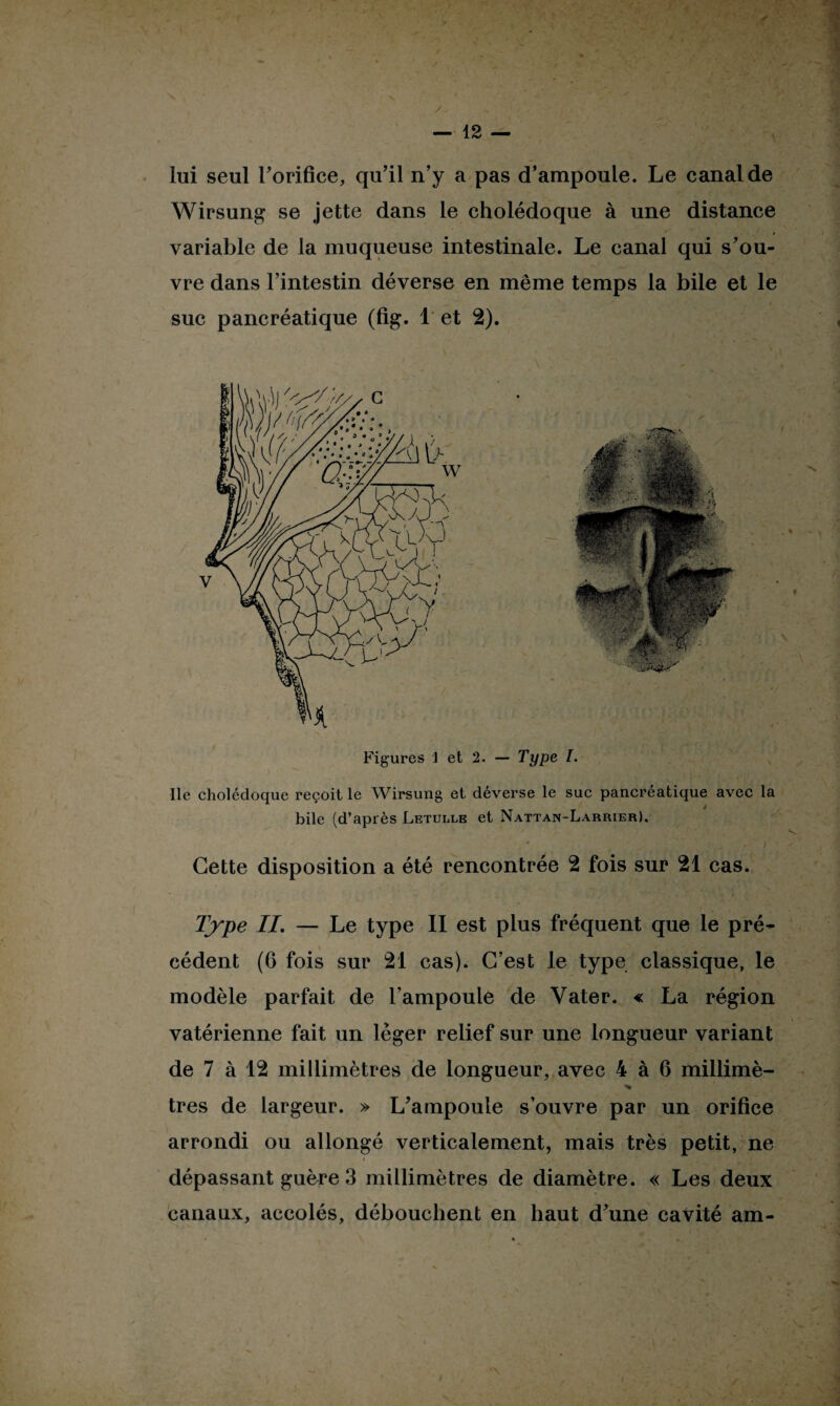 lui seul l'orifice, qu’il n’y a pas d’ampoule. Le canal de Wirsung se jette dans le cholédoque à une distance variable de la muqueuse intestinale. Le canal qui s’ou¬ vre dans l’intestin déverse en même temps la bile et le suc pancréatique (fig. 1 et 2). Ile cholédoque reçoit le Wirsung et déverse le suc pancréatique avec la bile (d’après Letulle et Nattan-Larrier). Cette disposition a été rencontrée 2 fois sur 21 cas. Type IL — Le type II est plus fréquent que le pré- cèdent (6 fois sur 21 cas). C’est le type classique, le modèle parfait de l’ampoule de Vater. « La région vatérienne fait un léger relief sur une longueur variant de 7 à 12 millimètres de longueur, avec 4 à 6 millimè- très de largeur. » L’ampoule s’ouvre par un orifice arrondi ou allongé verticalement, mais très petit, ne dépassant guère 3 millimètres de diamètre. « Les deux canaux, accolés, débouchent en haut d’une cavité am-