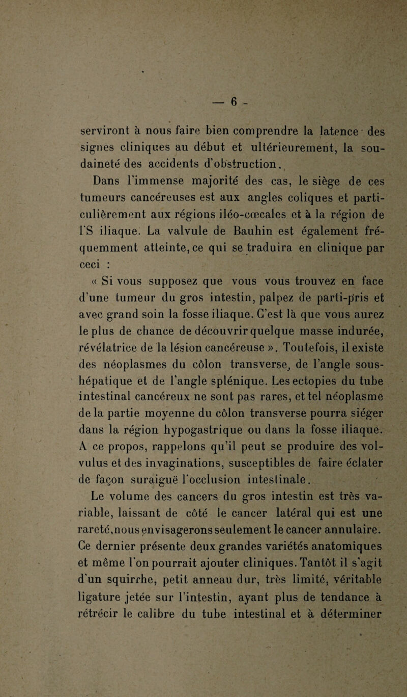 serviront à nous faire bien comprendre la latence des signes cliniques au début et ultérieurement, la sou¬ daineté des accidents d’obstruction. Dans l’immense majorité des cas, le siège de ces tumeurs cancéreuses est aux angles coliques et parti¬ culièrement aux régions iléo-cœcaies et à la région de l'S iliaque. La valvule de Bauhin est également fré¬ quemment atteinte, ce qui se traduira en clinique par ceci : « Si vous supposez que vous vous trouvez en face d une tumeur du gros intestin, palpez de parti-pris et avec grand soin la fosse iliaque. C’est là que vous aurez le plus de chance de découvrir quelque masse indurée, révélatrice de la lésion cancéreuse ». Toutefois, il existe des néoplasmes du côlon transverse, de l’angle sous- hépatique et de l’angle splénique. Lesectopies du tube intestinal cancéreux ne sont pas rares, et tel néoplasme delà partie moyenne du côlon transverse pourra siéger dans la région hypogastrique ou dans la fosse iliaque. A ce propos, rappelons qu’il peut se produire des vol- vulus et des invaginations, susceptibles de faire éclater de façon suraiguë l'occlusion intestinale. Le volume des cancers du gros intestin est très va¬ riable, laissant de côté le cancer latéral qui est une rareté,nous envisagerons seulement le cancer annulaire. Ce dernier présente deux grandes variétés anatomiques et même l'on pourrait ajouter cliniques. Tantôt il s'agit d'un squirrhe, petit anneau dur, très limité, véritable ligature jetée sur l'intestin, ayant plus de tendance à rétrécir le calibre du tube intestinal et à déterminer