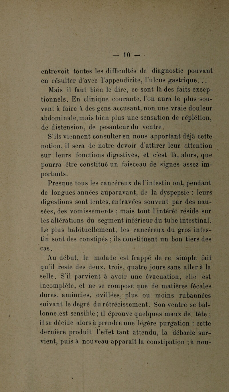 entrevoit toutes les difficultés de diagnostic pouvant en résulter d’avec l’appendicite, l’ulcus gastrique. .. Mais il faut bien le dire, ce sont là des faits excep¬ tionnels. En clinique courante, l’on aura le plus sou¬ vent à faire à des gens accusant, non une vraie douleur abdominale,mais bien plus une sensation de réplétion, de distension, de pesanteur du ventre. S'ils viennent consulter en nous apportant déjà cette notion, il sera de notre devoir d’attirer leur attention sur leurs fonctions digestives, et c’est là, alors, que pourra être constitué un faisceau de signes assez im¬ portants. Presque tous les cancéreux de l’intestin ont, pendant de longues années auparavant, de la dyspepsie : leurs digestions sont lentes,entravées souvent par des nau¬ sées, des vomissements ; mais tout l'intérêt réside sur les altérations du segment inférieur du tube intestinal. Le plus habituellement, les cancéreux du gros intes¬ tin sont des constipés ; ils constituent un bon tiers des cas. Au début, le malade est frappé de ce simple fait qu'il reste des deux, trois, quatre jours sans aller à la selle. S'il parvient à avoir une évacuation, elle est incomplète, et ne se compose que de matières fécales dures, amincies, ovillées, plus ou moins rubannées suivant le degré du rétrécissement. Son ventre se bal¬ lonne,est sensible ; il éprouve quelques maux de tête ; il se décide alors à prendre une légère purgation : cette dernière produit l’effet tant attendu, la débâcle sur¬ vient, puis à nouveau apparaît la constipation ;à nou-