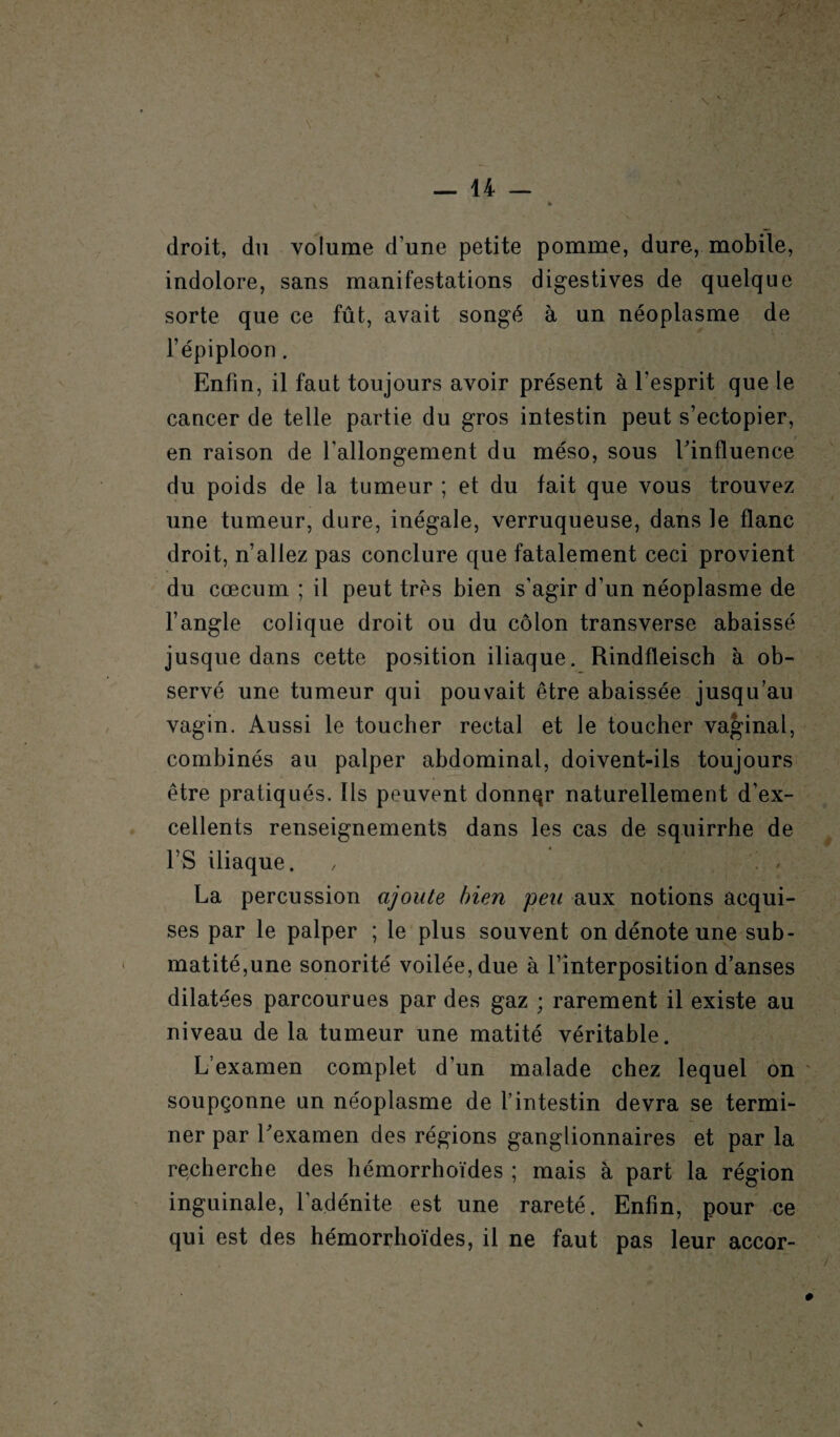 droit, du volume d’une petite pomme, dure, mobile, indolore, sans manifestations digestives de quelque sorte que ce fût, avait songé à un néoplasme de l’épiploon. Enfin, il faut toujours avoir présent à l’esprit que le cancer de telle partie du gros intestin peut s’ectopier, en raison de l'allongement du méso, sous l’influence du poids de la tumeur ; et du fait que vous trouvez une tumeur, dure, inégale, verruqueuse, dans le flanc droit, n’allez pas conclure que fatalement ceci provient du cæcum ; il peut très bien s’agir d’un néoplasme de l’angle colique droit ou du côlon transverse abaissé jusque dans cette position iliaque. Rindfleisch à ob¬ servé une tumeur qui pouvait être abaissée jusqu’au vagin. Aussi le toucher rectal et le toucher vaginal, combinés au palper abdominal, doivent-ils toujours être pratiqués. Ils peuvent donnqr naturellement d’ex¬ cellents renseignements dans les cas de squirrhe de l’S iliaque. , '! , La percussion ajoute bien peu aux notions acqui¬ ses par le palper ; le plus souvent on dénote une sub¬ matité,une sonorité voilée, due à l’interposition d’anses dilatées parcourues par des gaz ; rarement il existe au niveau de la tumeur une matité véritable. L’examen complet d’un malade chez lequel on soupçonne un néoplasme de l’intestin devra se termi¬ ner par l’examen des régions ganglionnaires et par la recherche des hémorrhoïdes ; mais à part la région inguinale, l’adénite est une rareté. Enfin, pour ce qui est des hémorrhoïdes, il ne faut pas leur accor- >