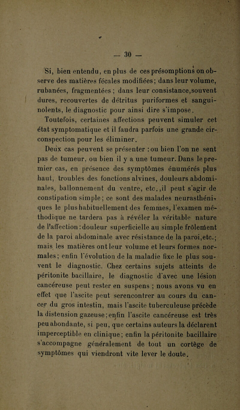 Si, bien entendu, en plus de ces présomptions on ob¬ serve des matières fécales modifiées; dans leur volume, rubanées, fragmentées ; dans leur consistance,souvent dures, recouvertes de détritus puriformes et sangui¬ nolents, le diagnostic pour ainsi dire s'impose. Toutefois, certaines affections peuvent simuler cet état symptomatique et il faudra parfois une grande cir¬ conspection pour les éliminer. Deux cas peuvent se présenter : ou bien l’on ne sent pas de tumeur, ou bien il y a une tumeur. Dans le pre¬ mier cas, en présence des symptômes énumérés plus haut, troubles des fonctions alvines, douleurs abdomi- / * nales, ballonnement du ventre, etc.,il peut s’agir de constipation simple; ce sont des malades neurasthénie ques le plus habituellement des femmes, l’examen mé¬ thodique ne tardera pas à révéler la véritable nature de l’affection : douleur superficielle au simple frôlement de la paroi abdominale avec résistance de la paroi,etc.; mais les matières ont leur volume et leurs formes nor¬ males; enfin l’évolution de la maladie fixe le plus sou¬ vent le diagnostic. Chez certains sujets atteints de péritonite bacillaire, le diagnostic d'avec une lésion cancéreuse peut rester en suspens ; nous avons vu en effet que l’ascite peut serencontrer au cours du can¬ cer du gros intestin, mais l’ascite tuberculeuse précède la distension gazeuse ; enfin l’ascite cancéreuse est très peu abondante, si peu, que certains auteurs la déclarent imperceptible en clinique; enfin la péritonite bacillaire s’accompagne généralement de tout un cortège de symptômes qui viendront vite lever le doute.