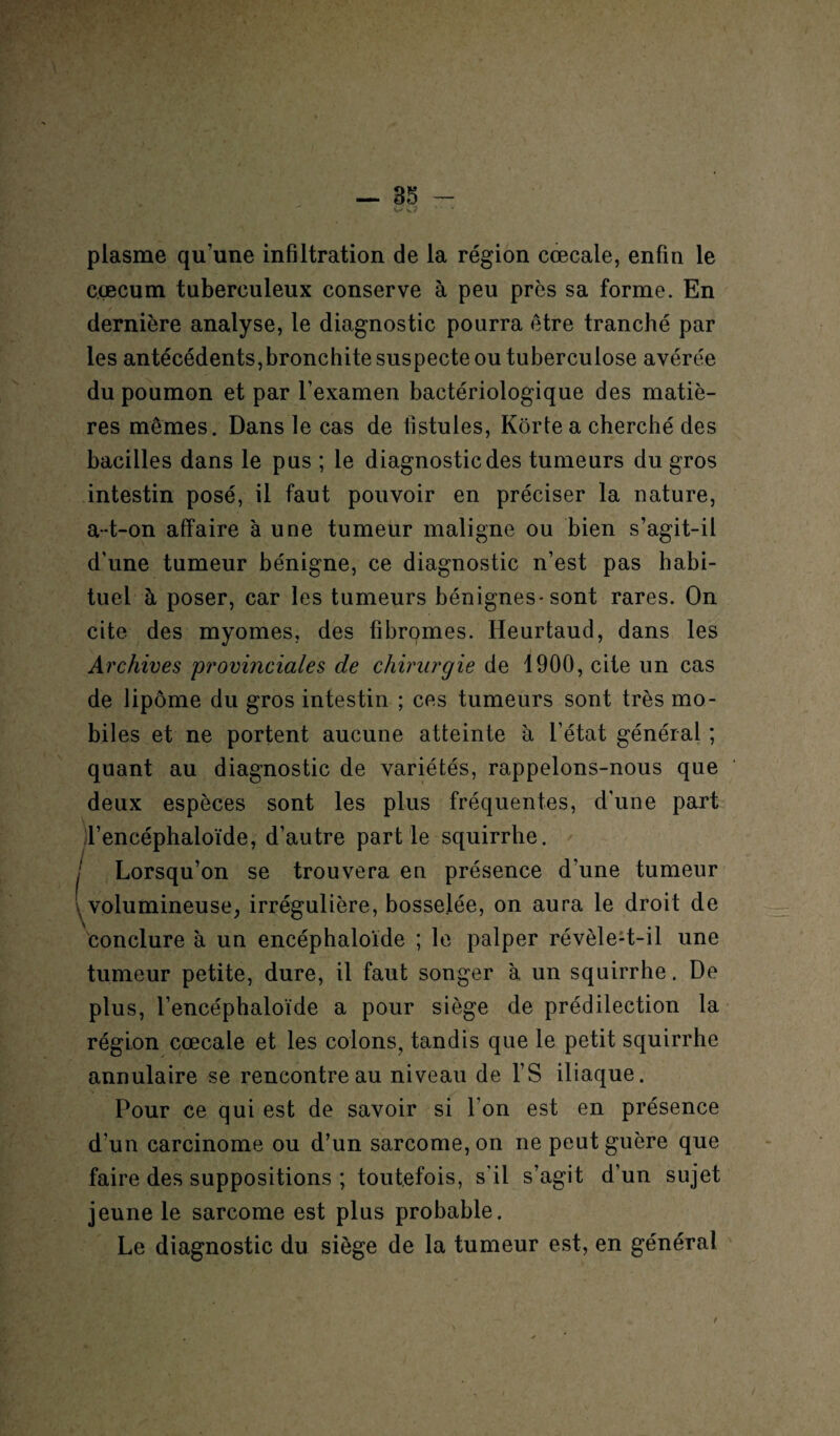 4' — 35 - plasme qu’une infiltration de la région cœcale, enfin le cæcum tuberculeux conserve à peu près sa forme. En dernière analyse, le diagnostic pourra être tranché par les antécédents,bronchite suspecte ou tuberculose avérée du poumon et par l’examen bactériologique des matiè¬ res mêmes. Dans le cas de fistules, Kôrtea cherché des bacilles dans le pus ; le diagnostic des tumeurs du gros intestin posé, il faut pouvoir en préciser la nature, a-t-on affaire à une tumeur maligne ou bien s’agit-il d'une tumeur bénigne, ce diagnostic n’est pas habi¬ tuel à poser, car les tumeurs bénignes-sont rares. On cite des myomes, des fibromes. Heurtaud, dans les Archives provinciales de chirurgie de 1900, cite un cas de lipome du gros intestin ; ces tumeurs sont très mo¬ biles et ne portent aucune atteinte à l’état général ; quant au diagnostic de variétés, rappelons-nous que deux espèces sont les plus fréquentes, d’une part l’encéphaloïde, d’autre partie squirrhe. / Lorsqu’on se trouvera en présence d’une tumeur volumineuse, irrégulière, bosselée, on aura le droit de conclure à un encéphaloïde ; le palper révèle-t-il une tumeur petite, dure, il faut songer à un squirrhe. De plus, l’encéphaloïde a pour siège de prédilection la région cœcale et les colons, tandis que le petit squirrhe annulaire se rencontre au niveau de l’S iliaque. Pour ce qui est de savoir si l’on est en présence d'un carcinome ou d’un sarcome, on ne peut guère que faire des suppositions ; toutefois, s'il s’agit d’un sujet jeune le sarcome est plus probable. Le diagnostic du siège de la tumeur est, en général