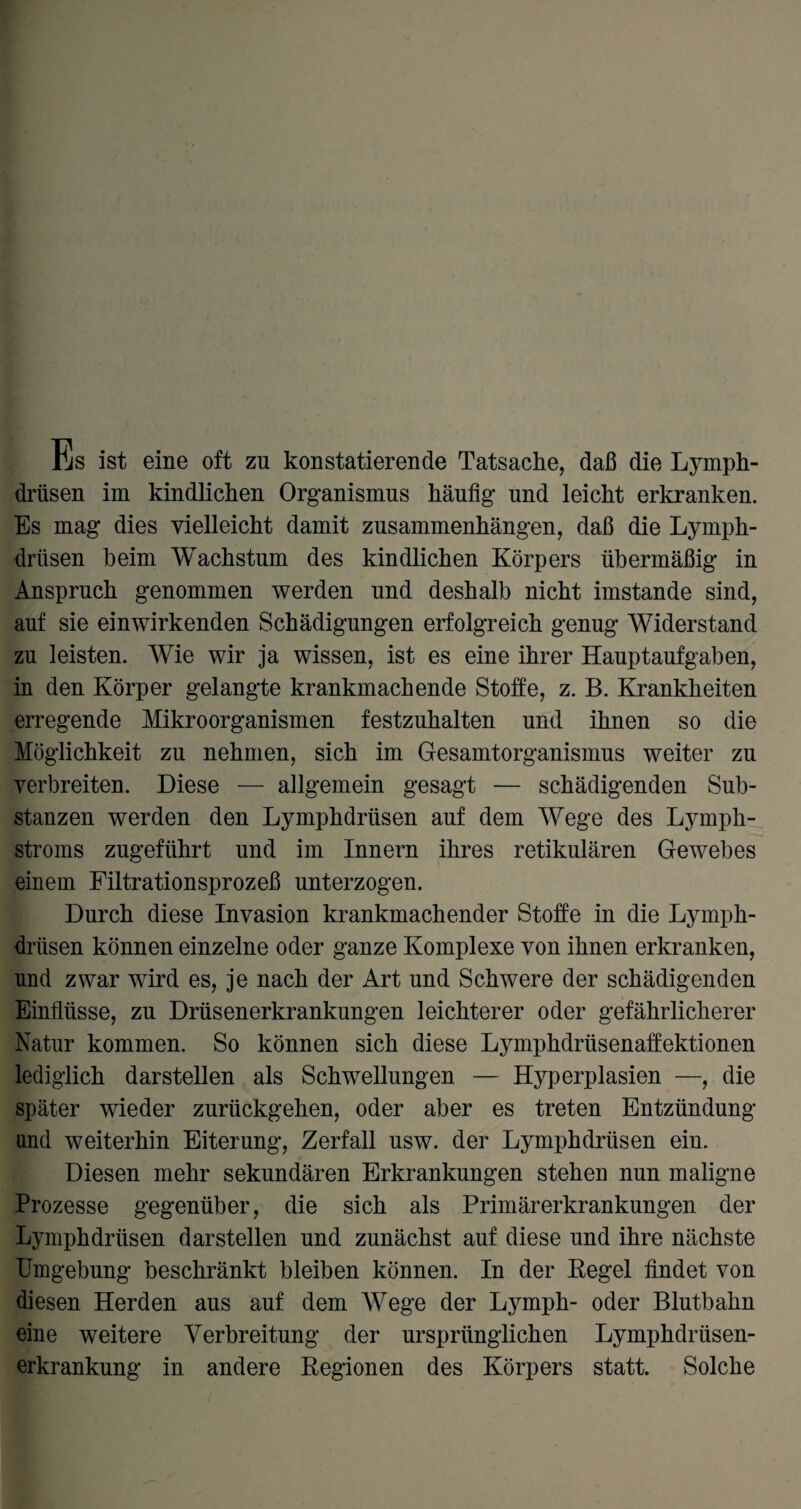 vjs ist eine oft zu konstatierende Tatsache, daß die Lymph- drlisen im kindlichen Organismus häufig und leicht erkranken. Es mag dies vielleicht damit Zusammenhängen, daß die Lymph¬ drüsen heim Wachstum des kindlichen Körpers übermäßig in Anspruch genommen werden und deshalb nicht imstande sind, auf sie einwirkenden Schädigungen erfolgreich genug Widerstand zu leisten. Wie wir ja wissen, ist es eine ihrer Hauptaufgaben, in den Körper gelangte krankmachende Stoffe, z. B. Krankheiten erregende Mikroorganismen festzuhalten und ihnen so die Möglichkeit zu nehmen, sich im Gesamtorganismus weiter zu verbreiten. Diese — allgemein gesagt — schädigenden Sub¬ stanzen werden den Lymphdrüsen auf dem Wege des Lymph- stroms zugeführt und im Innern ihres retikulären Gewebes einem Filtrationsprozeß unterzogen. Durch diese Invasion krankmachender Stoffe in die Lymph¬ drüsen können einzelne oder ganze Komplexe von ihnen erkranken, und zwar wird es, je nach der Art und Schwere der schädigenden Einflüsse, zu Drüsenerkrankungen leichterer oder gefährlicherer Natur kommen. So können sich diese Lymphdrüsenaffektionen lediglich darstellen als Schwellungen — Hyperplasien —, die später wieder zurückgehen, oder aber es treten Entzündung und weiterhin Eiterung, Zerfall usw. der Lymphdrüsen ein. Diesen mehr sekundären Erkrankungen stehen nun maligne Prozesse gegenüber, die sich als Primärerkrankungen der Lymphdrüsen dar stellen und zunächst auf diese und ihre nächste Umgebung beschränkt bleiben können. In der Kegel findet von diesen Herden aus auf dem Wege der Lymph- oder Blutbahn eine weitere Verbreitung der ursprünglichen Lymphdrüsen- erkrankung in andere Regionen des Körpers statt. Solche