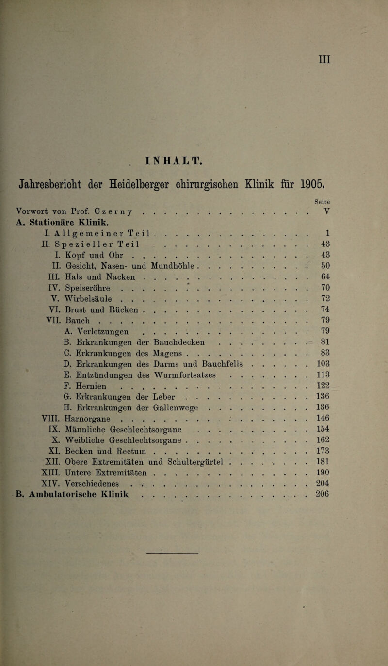 INHALT. Jahresbericht der Heidelberger chirurgischen Klinik für 1905, Seite Vorwort von Prof. Czerny. V A. Stationäre Klinik. I. Allgemeiner Teil. 1 II. Spezieller Teil .43 I. Kopf und Ohr.43 II. Gesicht, Nasen- und Mundhöhle.50 III. Hals und Nacken.64 IV. Speiseröhre.70 V. Wirbelsäule.72 VI. Brust und Rücken.74 VII. Bauch.79 A. Verletzungen.79 B. Erkrankungen der Bauchdecken .81 C. Erkrankungen des Magens.83 D. Erkrankungen des Darms und Bauchfells.103 E. Entzündungen des Wurmfortsatzes .113 F. Hernien .122 G. Erkrankungen der Leber.136 H. Erkrankungen der Gallenwege.136 VIII. Harnorgane.•'.146 IX. Männliche Geschlechtsorgane .154 X. Weibliche Geschlechtsorgane.162 XI. Becken und Rectum.173 XII. Obere Extremitäten und Schultergürtel . . . . . . . . 181 XIII. Untere Extremitäten.190 XIV. Verschiedenes.204 B. Ambulatorische Klinik.206