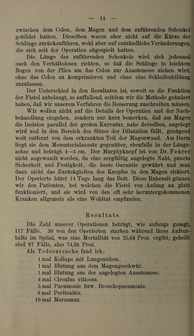 zwischen dem Colon, dem Magen und dem zuführenden Schenkel gebildet hatten. Dieselben waren aber nicht auf die Kürze der Schlinge zurückzuführen, wohl aber auf entzündliche Veränderungen, die sich seit der Operation abgespielt hatten. Die Länge des zuführenden Schenkels wird sich jedesmal nach den Verhältnissen richten, so daß die Schlinge in leichtem Bogen von der Plica um das Colon zur Anastomose ziehen wird, ohne das Colon zu komprimieren und ohne eine Schleifenbildung zuzulassen. Der Unterschied in den Resultaten ist, soweit es die Funktion der Fistel anbelangt, so auffallend, seitdem wir die Methode geändert haben, daß wir unserem Verfahren die Besserung zuschreiben müssen. Wir wollen nicht auf die Details der Operation und der Nach¬ behandlung eingehen, sondern nur kurz bemerken, daß am Magen die Incision parallel der großen Kurvatur, nahe derselben, angelegt wird und in den Bereich des Sitzes der Dilatation fällt, genügend weit entfernt von dem erkrankten Teil der Magenwand. Am Darm liegt sie dem Mesenterialansatz gegenüber, ebenfalls in der Längs¬ achse und beträgt 4—5 cm. Der Murphy knöpf ist von Dr. Feurer nicht angewandt worden, da eine sorgfältig angelegte Naht, puncto Sicherheit und Festigkeit, die beste Garantie gewährt und man dann nicht das Zurückgleiten des Knopfes in den Magen riskiert. Der Operierte hütet 14 Tage lang das Bett. Diese Ruhezeit gönnen wir den Patienten, bei welchen die Fistel von Anfang an glatt funktioniert, und sie wird von den oft sehr heruntergekommenen Kranken allgemein als eine Wohltat empfunden. Resultate. Die Zahl unserer Operationen beträgt, wie anfangs gesagt, 117 Fälle. 30 von den Operierten starben während ihres Aufent¬ halts im Spital, was eine Mortalität von 25,64 Proz. ergibt; geheilt sind 87 Fälle, also 74,36 Proz. Als Todesursache fand ich: 1 mal Kollaps mit Lungenödem. 1 mal Blutung aus dem Magengeschwür. 1 mal Blutung aus der angelegten Anastomose. 4 mal Circulus vitiosus. 5 mal Pneumonie bzw. Bronchopneumonie. 8 mal Peritonitis. 10 mal Marasmus.