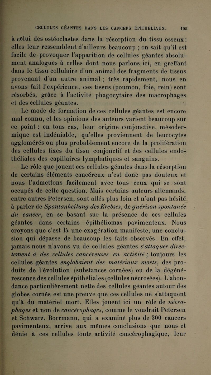 à celui des ostéoclastes dans la résorption du tissu osseux ; elles leur ressemblent d’ailleurs beaucoup ; on sait qu’il est facile de provoquer l’apparition de cellules géantes absolu¬ ment analogues à celles dont nous parlons ici, en greffant dans le tissu cellulaire d’un animal des fragments de tissus provenant d’un autre animal ; très rapidement, nous en avons fait l’expérience, ces tissus (poumon, foie, rein) sont résorbés, grâce à l’activité phagocytaire des macrophages et des cellules géantes. Le mode de formation de ces cellules géantes est encore mal connu, et les opinions des auteurs varient beaucoup sur ce point : en tous cas, leur origine conjonctive, mésoder¬ mique est indéniable, qu’elles proviennent de leucocytes agglomérés ou plus probablement encore de la prolifération des cellules fixes du tissu conjonctif et des cellules endo¬ théliales des capillaires lymphatiques et sanguins. Le rôle que jouent ces cellules géantes clans la résorption de certains éléments cancéreux n’est donc pas douteux et nous l’admettons facilement avec tous ceux qui se sont occupés de cette question. Mais certains auteurs allemands, entre autres Petersen, sont allés plus loin et n’ont pas hésité à parler de Spontanheilung des Krebses, de guérison spontanée du cancer, en se basant sur la présence de ces cellules géantes dans certains épithéliomas pavimenteux. Nous croyons que c’est là une exagération manifeste, une conclu¬ sion qui dépasse de beaucoup les faits observés. En effet, jamais nous n’avons vu de cellules géantes s’attaquer direc¬ tement à des cellules cancéreuses en activité ; toujours les cellules géantes englobaient des matériaux morts, des pro¬ duits de l’évolution (substances cornées) ou de la dégéné¬ rescence des cellules épithéliales (cellules nécrosées). L’abon¬ dance particulièrement nette des cellules géantes autour des globes cornés est une preuve que ces cellules ne s’attaquent qu’à du matériel mort. Elles jouent ici un rôle de nécro- phages et non de cancérophages, comme le voudrait Petersen et Schwarz. Borrmann, qui a examiné plus de 300 cancers pavimenteux, arrive aux mêmes conclusions que nous et dénie à ces cellules toute activité cancérophagique, leur