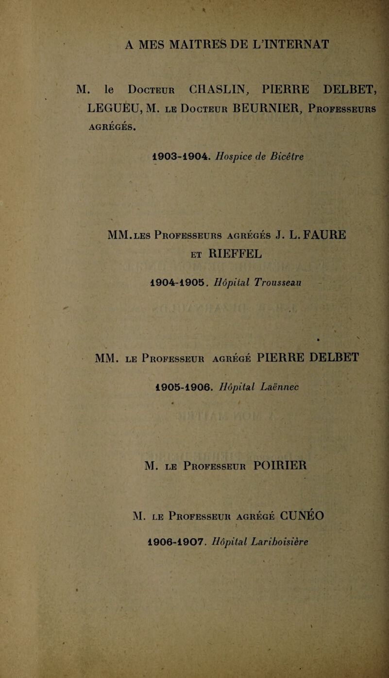 M. le Docteur CHASLIN, PIERRE DELRET, LEGUEU, M. le Docteur REURNIER, Professeurs AGRÉGÉS. 1903-1904. Hospice de Bicêtre MM.les Professeurs agrégés J. L. FAURE et RIEFFEL 1904-1905. Hôpital Trousseau MM. le Professeur agrégé PIERRE DELBET 1905-1906. Hôpital Laënnec M. le Professeur POIRIER / M. le Professeur agrégé GUNEO 1906-1907. Hôpital Lariboisière