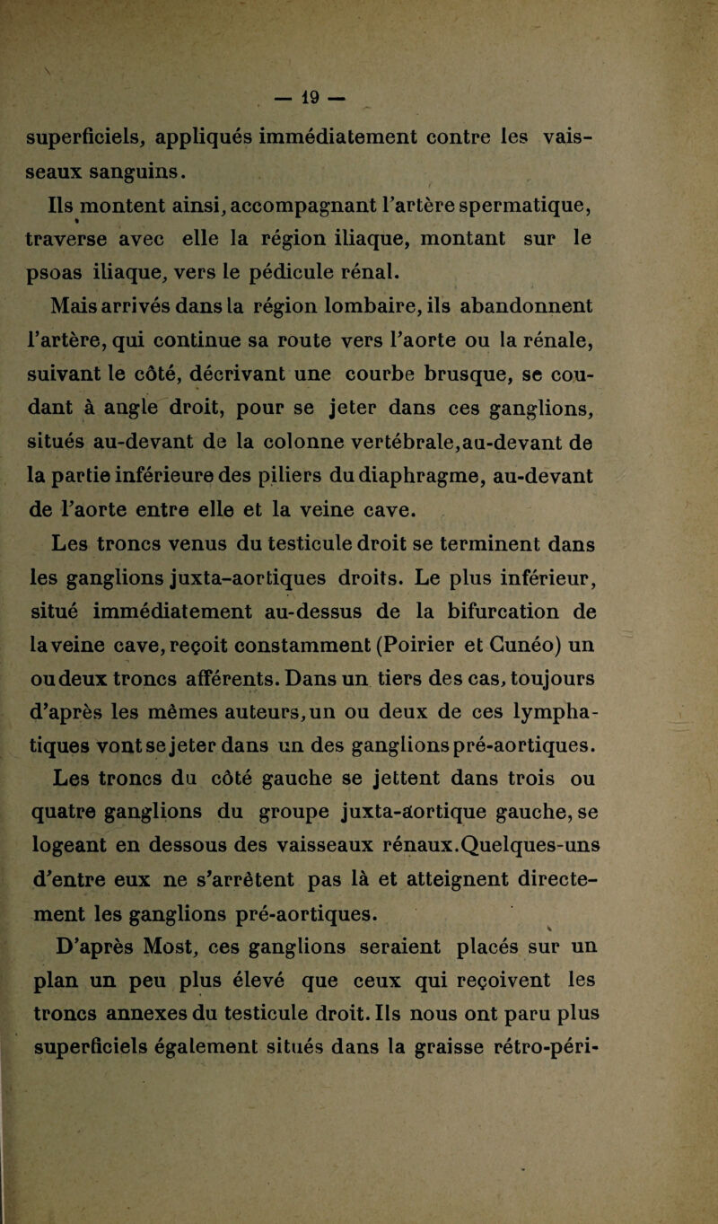 superficiels, appliqués immédiatement contre les vais¬ seaux sanguins. Ils montent ainsi, accompagnant l’artère spermatique, » traverse avec elle la région iliaque, montant sur le psoas iliaque, vers le pédicule rénal. Mais arrivés dans la région lombaire, ils abandonnent l’artère, qui continue sa route vers l’aorte ou la rénale, suivant le côté, décrivant une courbe brusque, se cou¬ dant à angle droit, pour se jeter dans ces ganglions, situés au-devant de la colonne vertébrale,au-devant de la partie inférieure des piliers du diaphragme, au-devant de l’aorte entre elle et la veine cave. Les troncs venus du testicule droit se terminent dans les ganglions juxta-aortiques droits. Le plus inférieur, situé immédiatement au-dessus de la bifurcation de la veine cave, reçoit constamment (Poirier et Gunéo) un ou deux troncs afférents. Dans un tiers des cas, toujours d’après les mêmes auteurs,un ou deux de ces lympha¬ tiques vont se jeter dans un des ganglions pré-aortiques. Les troncs du côté gauche se jettent dans trois ou quatre ganglions du groupe juxta-aortique gauche, se logeant en dessous des vaisseaux rénaux.Quelques-uns d’entre eux ne s’arrêtent pas là et atteignent directe¬ ment les ganglions pré-aortiques. D’après Most, ces ganglions seraient placés sur un plan un peu plus élevé que ceux qui reçoivent les troncs annexes du testicule droit. Ils nous ont paru plus superficiels également situés dans la graisse rétro-péri-