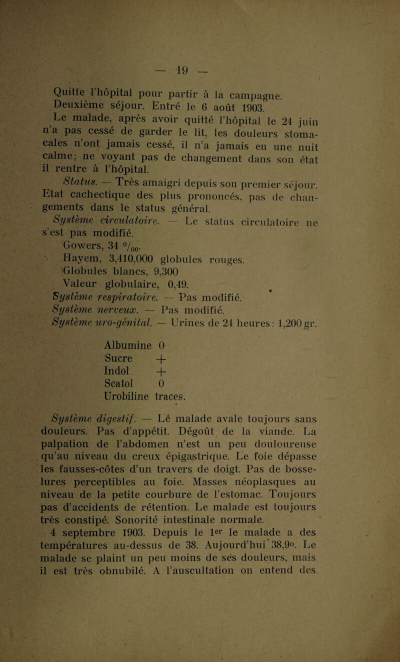 t Quitte l’hôpital pour partir à la campagne. Deuxième séjour. Entré le 6 août 1903. Le malade, après avoir quitté l’hôpital le 24 juin n a pas cessé de garder le lit, les douleurs stoma¬ cales n ont jamais cessé, il n’a jamais eu une nuit calme; ne voyant pas de changement dans son état il rentre à l’hôpital. Status. Très amaigri depuis son premier séjour. Etat cachectique des plus prononcés, pas de chan¬ gements dans le status général. Système circulatoire. — Le status circulatoire ne s’est pas modifié. Gowers, 34 %0. Hayem, 3,410,000 globules rouges. IGlobules blancs, 9,300 Valeur globulaire, 0,49. Système respiratoire. — Pas modifié. Système nerveux. — Pas modifié. Système uro-génital. — Urines de 24 heures : 1,200 gr. Albumine 0 Sucre + Indol -f- Scatol 0 Urobiline traces. Système digestif. — Lé malade avale toujours sans douleurs. Pas d’appétit. Dégoût de la viande. La palpation de l’abdomen n’est un peu douloureuse qu’au niveau du creux épigastrique. Le foie dépasse les fausses-côtes d’un travers de doigt. Pas de bosse¬ lures perceptibles au foie. Masses néoplasques au niveau de la petite courbure de l’estomac. Toujours pas d’accidents de rétention. Le malade est toujours très constipé. Sonorité intestinale normale. 4 septembre 1903. Depuis le 1er le malade a des températures au-dessus de 38. Aujourd’hui 38,9°. Le malade se plaint un peu moins de ses douleurs, mais il est très obnubilé. A l’auscultation on entend des » ■ yt . 1