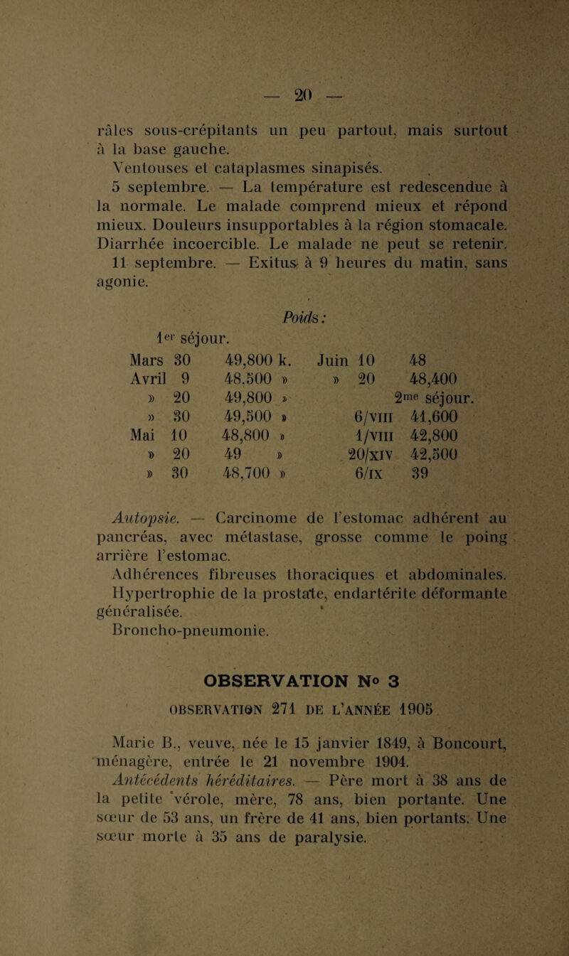 râles sous-crépitants un peu partout, mais surtout à la base gauche. Ventouses et cataplasmes sinapisés. 5 septembre. — La température est redescendue à la normale. Le malade comprend mieux et répond mieux. Douleurs insupportables à la région stomacale. Diarrhée incoercible. Le malade ne peut se retenir. 11 septembre. — Exitus; à 9 heures du matin, sans agonie. Po ids : 1er séjour. Mars 30 49,800 k. Juin 10 48 Avril 9 48.500 » » 20 48,400 » 20 49,800 » 2 me séjour » 30 49,500 » 6/viii 41,600 Mai 10 48,800 * 1/VIII 42,800 y> 20 49 » 20/xiv 42,500 » 30 48,700 » 6/ix 39 Au topsie. — Carcinome de T estomac adhérent au pancréas, avec métastase, grosse comme le poing arrière l’estomac. Adhérences fibreuses thoraciques et abdominales. Hypertrophie de la prostate, endartérite déformante généralisée. Broncho-pneumonie. OBSERVATION No 3 OBSERVATION 271 DE L’ANNÉE 1905 Marie B., veuve, née le 15 janvier 1849, à Boncourt, ménagère, entrée le 21 novembre 1904. Antécédents héréditaires. — Père mort à 38 ans de la petite ‘vérole, mère, 78 ans, bien portante. Une sœur de 53 ans, un frère de 41 ans, bien portants. Une sœur morte à 35 ans de paralysie.
