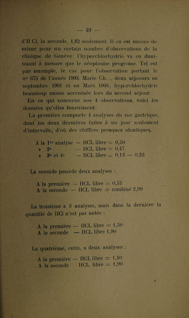 d’H Cl, la seconde, 1,82 seulement. Il en est encore de même pour ün certain nombre d’observations de la clinique de Genève: l'hyperchlorhydrie va en dimi¬ nuant à mesure que le néoplasme progresse. Tel est par1 ietxemple, le cas pour l'observation portant le n° 675 de l’année 1903. Marie Ch..., deux séjoours en septembre 1901 et en Mars 1903; hyperchlorhydrie beaucoup moins accentuée lors du second séjour. En ce qui concerne nos 4 observations, voici les données qu’elles fournissent: La première comporte 4 analyses du suc gastrique, dont les deux dernières faites à un jour seulement d’intervalle, d’où des chiffres presques identiques. ■ A la lre analyse — HCL libre = 0,50 5) 2e — HCL libre = 0,47 » 3e et 4e - HCL libre = 0,13 — 0,23 La seconde possède deux analyses : A la première — HCL libre = 0,55 A la seconde — HCL libre + combiné 2,99 La troisième a 3 analyses, mais dans ta dernière la quantité de HCl n’est pas notée : A Ja première — HCL libre = 1,50 A la seconde — HCL libre 1,90 La quatrième, enfin, a deux analyses : A la première — HCL libre = 1,50 A la seconde HCL tibre = 1,90