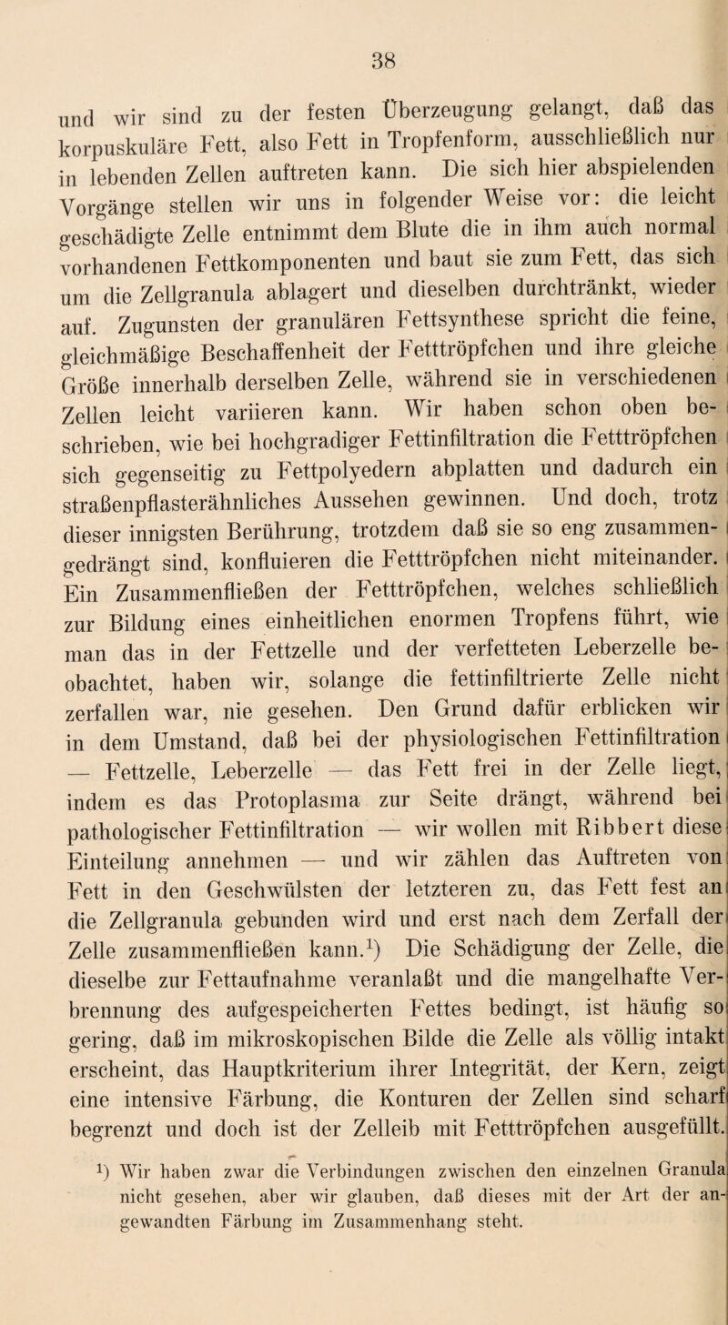 und wir sind zu der festen Überzeugung gelangt, daß das korpuskulare Fett, also Fett in Tropfenform, ausschließlich nur in lebenden Zellen auftreten kann. Die sich hier abspielenden Vorgänge stellen wir uns in folgender Weise vor: die leicht geschädigte Zelle entnimmt dem Blute die in ihm auch normal vorhandenen Fettkomponenten und baut sie zum hett, das sich um die Zellgranula ablagert und dieselben durchtränkt, wieder auf. Zugunsten der granulären Fettsynthese spricht die feine, gleichmäßige Beschaffenheit der Fetttröpfchen und ihre gleiche Größe innerhalb derselben Zelle, während sie in verschiedenen Zellen leicht variieren kann. Wir haben schon oben be- 1 schrieben, wie bei hochgradiger Fettinfiltration die Fetttröpfchen sich gegenseitig zu Fettpolyedern abplatten und dadurch ein straßenpflasterähnliches Aussehen gewinnen. Und doch, trotz dieser innigsten Berührung, trotzdem daß sie so eng zusammen- i gedrängt sind, konfluieren die Fetttröpfchen nicht miteinander, j Ein Zusammenfließen der Fetttröpfchen, welches schließlich zur Bildung eines einheitlichen enormen Tropfens führt, wie i man das in der Fettzelle und der verfetteten Leberzelle be¬ obachtet, haben wir, solange die fettinfiltrierte Zelle nicht zerfallen war, nie gesehen. Den Grund dafür erblicken wir in dem Umstand, daß bei der physiologischen Fettinfiltration i — Fettzelle, Leberzelle — das Fett frei in der Zelle liegt,] indem es das Protoplasma zur Seite drängt, während bei pathologischer Fettinfiltration — wir wollen mit Ribbert diese Einteilung annehmen — und wir zählen das Auftreten von Fett in den Geschwülsten der letzteren zu, das Fett fest an die Zellgranula gebunden wird und erst nach dem Zerfall der Zelle zusammenfließen kann.1) Die Schädigung der Zelle, die dieselbe zur Fettaufnahme veranlaßt und die mangelhafte Ver¬ brennung des aufgespeicherten Fettes bedingt, ist häufig so gering, daß im mikroskopischen Bilde die Zelle als völlig intakt erscheint, das Hauptkriterium ihrer Integrität, der Kern, zeigt eine intensive Färbung, die Konturen der Zellen sind scharf begrenzt und doch ist der Zelleib mit Fetttröpfchen ausgefüllt. L Wir haben zwar die Verbindungen zwischen den einzelnen Granula nicht gesehen, aber wir glauben, daß dieses mit der Art der an¬ gewandten Färbung im Zusammenhang steht.