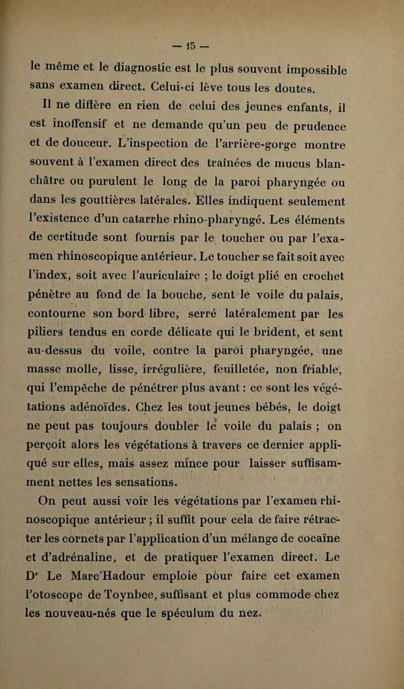 le même et le diagnostic est le plus souvent impossible sans examen direct. Celui-ci lève tous les doutes. Il ne diffère en rien de celui des jeunes enfants, il est inoffensif et ne demande qu’un peu de prudence » et de douceur. L'inspection de l'arrière-gorge montre souvent à l’examen direct des traînées de mucus blan¬ châtre ou purulent le long de la paroi pharyngée ou dans les gouttières latérales. Elles indiquent seulement l'existence d'un catarrhe rhino pharyngé. Les éléments de certitude sont fournis par le toucher ou par l'exa¬ men rhinoscopique antérieur. Le toucher se fait soit avec l’index, soit avec l’auriculaire ; le doigt plié en crochet pénètre au fond de la bouche, sent le voile du palais, contourne son bord libre, serré latéralement par les piliers tendus en corde délicate qui le brident, et sent au-dessus du voile, contre la paroi pharyngée, une masse molle, lisse, irrégulière, feuilletée, non friable, qui l'empêche de pénétrer plus avant : ce sont les végé¬ tations adénoïdes. Chez les tout jeunes bébés, le doigt ne peut pas toujours doubler lé voile du palais ; on perçoit alors les végétations à travers ce dernier appli¬ qué sur elles, mais assez mince pour laisser suffisam¬ ment nettes les sensations. On peut aussi voir les végétations par l'examen rhi¬ noscopique antérieur ; il suffit pour cela de faire rétrac¬ ter les cornets par l’application d’un mélange de cocaïne et d'adrénaline, et de pratiquer l’examen direct. Le Dr Le Marc’Hadour emploie pour faire cet examen l'otoscope de Toynbee, suffisant et plus commode chez les nouveau-nés que le spéculum du nez.