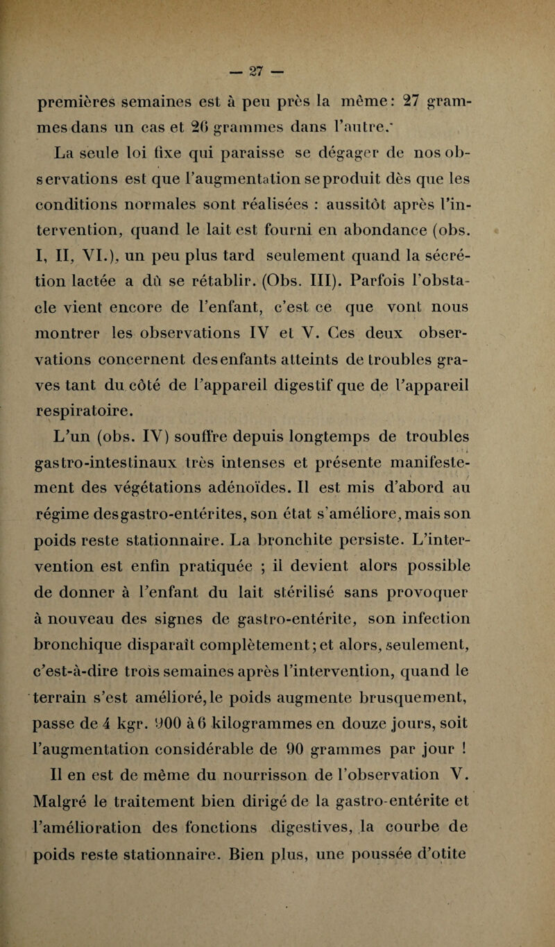 premières semaines est à peu près la même : 27 gram¬ mes dans un cas et 20 grammes dans l’autre.* La seule loi fixe qui paraisse se dégager de nos ob- servations est que l’augmentation se produit dès que les conditions normales sont réalisées : aussitôt après l’in¬ tervention, quand le lait est fourni en abondance (obs. I, II, VI.), un peu plus tard seulement quand la sécré¬ tion lactée a dû se rétablir. (Obs. III). Parfois l'obsta¬ cle vient encore de l’enfant, c’est ce que vont nous montrer les observations IV et V. Ces deux obser¬ vations concernent des enfants atteints de troubles gra¬ ves tant du côté de l’appareil digestif que de l’appareil respiratoire. L’un (obs. IV) souffre depuis longtemps de troubles ' • ; ■ ! » gastro-intestinaux très intenses et présente manifeste- V > ÿ ment des végétations adénoïdes. Il est mis d’abord au régime des gastro-entérites, son état s'améliore, mais son poids reste stationnaire. La bronchite persiste. L’inter¬ vention est enfin pratiquée ; il devient alors possible de donner à l’enfant du lait stérilisé sans provoquer à nouveau des signes de gastro-entérite, son infection bronchique disparaît complètement; et alors, seulement, c’est-à-dire trois semaines après l’intervention, quand le terrain s’est amélioré,le poids augmente brusquement, passe de 4 kgr. 900 à 6 kilogrammes en douze jours, soit l’augmentation considérable de 90 grammes par jour ! Il en est de même du nourrisson de l’observation V. Malgré le traitement bien dirigé de la gastro-entérite et l’amélioration des fonctions digestives, la courbe de poids reste stationnaire. Bien plus, une poussée d’otite