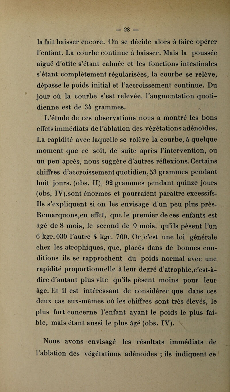 la fait baisser encore. On se décide alors à faire opérer l’enfant. La courbe continue à baisser. Mais la poussée aiguë d’otite s’étant calmée et les fonctions intestinales s’étant complètement régularisées, la courbe se relève, dépasse le poids initial et l’accroissement continue. Du jour où la courbe s’est relevée, l’augmentation quoti¬ dienne est de 34 grammes. 0 L’étude de ces observations nous a montré les bons effets immédiats de l’ablation des végétations adénoïdes. La rapidité avec laquelle se relève la courbe, à quelque moment que ce soit, de suite après l’intervention, ou un peu après, nous suggère d’autres réflexions.Certains chiffres d’accroissement quotidien, 53 grammes pendant huit jours, (obs. II), 92 grammes pendant quinze jours (obs, IY).sont énormes et pourraient paraître excessifs. Ils s’expliquent si on les envisage d’un peu plus près. Remarquons,en effet, que le premier de ces enfants est âgé de 8 mois, le second de 9 mois, qu’ils pèsent l’un 6 kgr. 030 l’autre 4 kgr. 700. Or, c’est une loi générale chez les atrophiques, que, placés dans de bonnes con¬ ditions ils se rapprochent du poids normal avec une rapidité proportionnelle à leur degré d’atrophie,c’est-à- dire d’autant plus vite qu’ils pèsent moins pour leur âge. Et il est intéressant de considérer que dans ces deux cas eux-mêmes où les chiffres sont très élevés, le s plus fort concerne l’enfant ayant le poids le plus fai¬ ble, mais étant aussi le plus âgé (obs. IY). \ i N *s Nous avons envisagé les résultats immédiats de l’ablation des végétations adénoïdes ; ils indiquent ce
