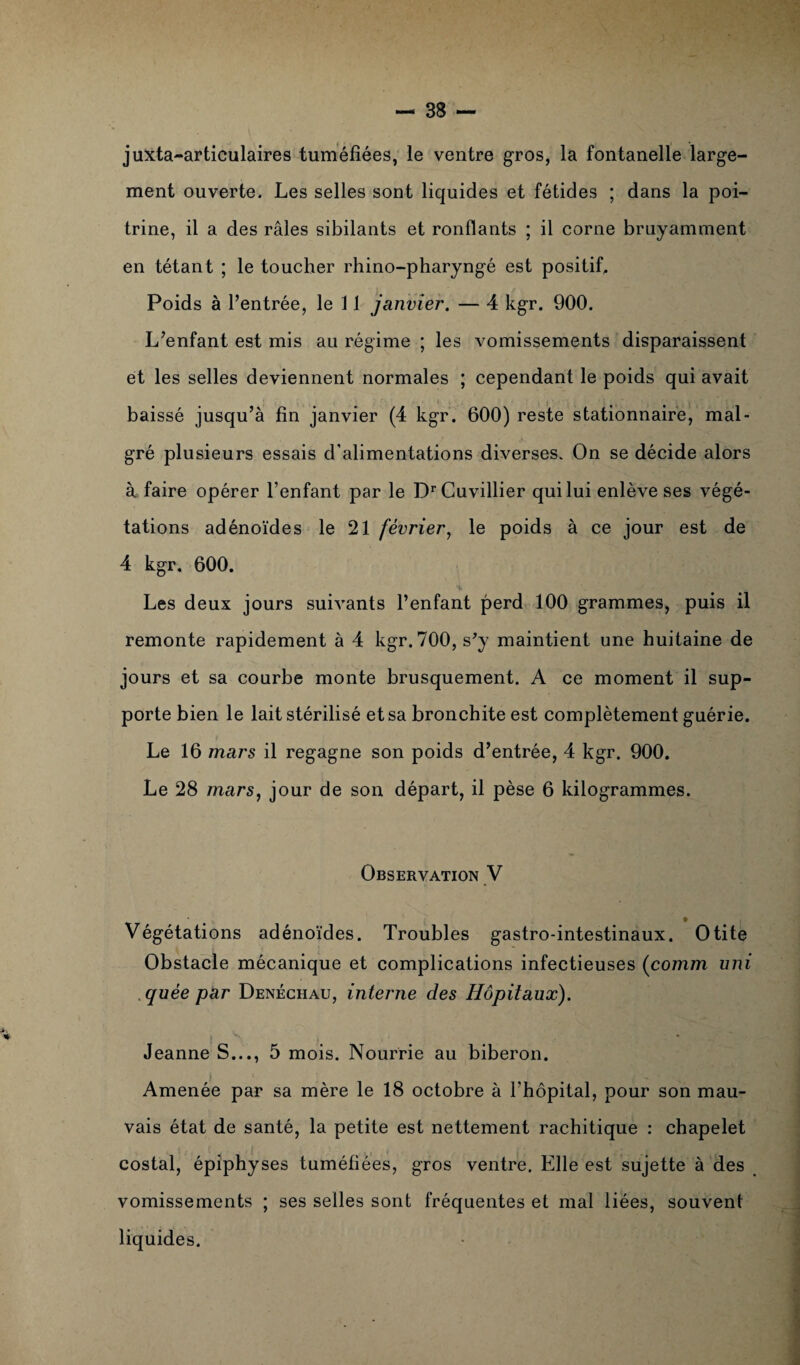 juxta-articulaires tuméfiées, le ventre gros, la fontanelle large¬ ment ouverte. Les selles sont liquides et fétides ; dans la poi¬ trine, il a des râles sibilants et ronflants ; il corne bruyamment en tétant ; le toucher rhino-pharyngé est positif. Poids à l’entrée, le 11 janvier. — 4 kgr. 900. L’enfant est mis au régime ; les vomissements disparaissent et les selles deviennent normales ; cependant le poids qui avait baissé jusqu’à fin janvier (4 kgr. 600) reste stationnaire, mal¬ gré plusieurs essais d'alimentations diverses. On se décide alors à faire opérer l'enfant par le Dr Cuvillier qui lui enlève ses végé¬ tations adénoïdes le 21 février, le poids à ce jour est de 4 kgr. 600. Les deux jours suivants l’enfant perd 100 grammes, puis il remonte rapidement à 4 kgr. 700, s’y maintient une huitaine de jours et sa courbe monte brusquement. A ce moment il sup¬ porte bien le lait stérilisé et sa bronchite est complètement guérie. Le 16 mars il regagne son poids d’entrée, 4 kgr. 900. Le 28 mars, jour de son départ, il pèse 6 kilogrammes. Observation V Végétations adénoïdes. Troubles gastro-intestinaux. Otite Obstacle mécanique et complications infectieuses (comm uni quèe par Denéchau, interne des Hôpitaux). Jeanne S..., 5 mois. Nourrie au biberon. Amenée par sa mère le 18 octobre à l'hôpital, pour son mau¬ vais état de santé, la petite est nettement rachitique : chapelet costal, épiphyses tuméfiées, gros ventre. Elle est sujette à des vomissements ; ses selles sont fréquentes et mal liées, souvent liquides.
