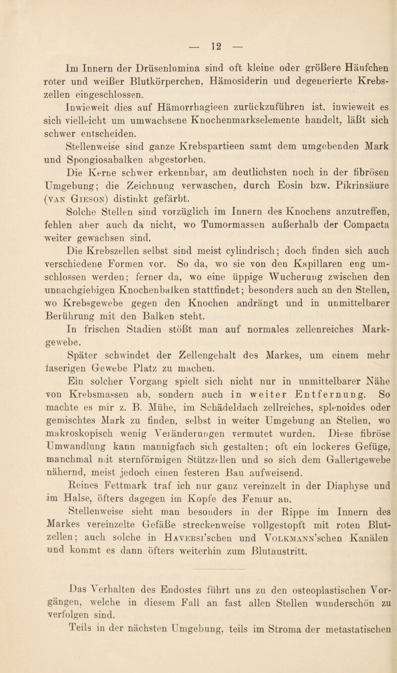 Im Innern der Drüsenlumina sind oft kleine oder größere Häufchen roter und weißer Blutkörperchen, Hämosiderin und degenerierte Krebs¬ zellen eingeschlossen. Inwieweit dies auf Hämorrhagieen zurückzuführen ist. inwieweit es sich vielleicht um umwachsene Knochenmarkselemente handelt, läßt sich schwer entscheiden. Stellenweise sind ganze Krebspartieen samt dem umgebenden Mark und Spongiosabalken abgestorben. Die Kerne schwer erkennbar, am deutlichsten noch in der fibrösen Umgebung; die Zeichnung verwaschen, durch Eosin bzw. Pikrinsäure (van Gieson) distinkt gefärbt. Solche Stellen sind vorzüglich im Innern des Knochens anzutreffen, fehlen aber auch da nicht, wo Tumormassen außerhalb der Compacta weiter gewachsen sind. Die Krebszellen selbst sind meist cylindrisch; doch finden sich auch verschiedene Formen vor. So da, wo sie von den Kapillaren eng um¬ schlossen werden; ferner da, wo eine üppige Wucherung zwischen den unnachgiebigen Knochenbalken stattfindet; besonders auch an den Stellen, wo Krebsgewebe gegen den Knochen andrängt und in unmittelbarer Berührung mit den Balken steht. In frischen Stadien stößt man auf normales zellenreiches Mark¬ gewebe. Später schwindet der Zellengehalt des Markes, um einem mehr faserigen Gewebe Platz zu machen. Ein solcher Vorgang spielt sich nicht nur in unmittelbarer Nähe von Krebsmassen ab, sondern auch in weiter Entfernung. So machte es mir z. B. Mühe, im Schädeldach zellreiches, splenoides oder gemischtes Mark zu finden, selbst in weiter Umgebung an Stellen, wo makroskopisch wenig Umänderungen vermutet wurden. Diese fibröse Umwandlung kann mannigfach sieh gestalten; oft ein lockeres Gefüge, manchmal mit sternförmigen Stützzellen und so sich dem Gallertgewebe nähernd, meist jedoch einen festeren Bau aufweisend. Beines Fettmark traf ich nur ganz vereinzelt in der Diaphyse und im Halse, öfters dagegen im Kopfe des Femur an. Stellenweise sieht mau besonders in der Rippe im Innern des Markes vereinzelte Gefäße streckenweise vollgestopft mit roten Blut¬ zellen; auch solche in H AVERSi’scheu und VoLKMANN’schen Kanälen und kommt es dann öfters weiterhin zum Blutaustritt. Das A erhalten des Endostes führt uns zu den osteoplastischen Vor¬ gängen, welche in diesem Fall an fast allen Stellen wunderschön zu verfolgen sind. Teils in der nächsten Umgebung, teils im Stroma der metastatischen