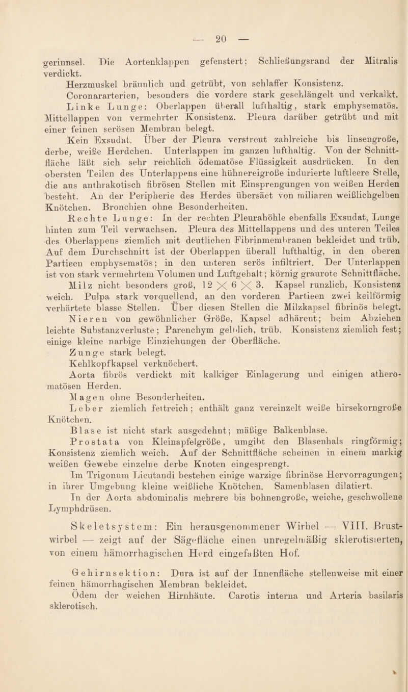 gerinn sei. Die Aortenklappen gefenstert; Schließ ungsrand der Mitralis verdickt. Herzmuskel bräunlich und getrübt, von schlaffer Konsistenz. Coronararterien, besonders die vordere stark geschlängelt und verkalkt. Linke Lunge: Oberlappen überall lufthaltig, stark emphysematos. Mittellappen von vermehrter Konsistenz. Pleura darüber getrübt und mit einer feinen serösen Membran belegt. Kein Exsudat. Über der Pleura verstreut zahlreiche bis linsengroße, derbe, weiße Herdchen. Unterlappen im ganzen lufthaltig. Von der Schnitt¬ fläche läßt sich sehr reichlich ödematöse Flüssigkeit ausdrücken. In den obersten Teilen des Unterlappens eine hühnereigroße indurierte luftleere Stelle, die aus anthrakotisch fibrösen Stellen mit Einsprengungen von weißen Herden besteht. An der Peripherie des Herdes übersäet von miliaren weißlichgelben Knötchen. Bronchien ohne Besonderheiten. Hechte Lunge: In der rechten Pleurahöhle ebenfalls Exsudat, Lunge hinten zum Teil verwachsen. Pleura des Mittellappens und des unteren Teiles des Oberlappens ziemlich mit deutlichen Eibrinmembranen bekleidet und trüb. Auf dem Durchschnitt ist der Oberlappen überall lufthaltig, in den oberen Partieen emphysematos; in den unteren serös infiltriert. Der Unterlappen ist von stark vermehrtem Volumen und Luftgehalt; körnig graurote Schnittfläche. Milz nicht besonders groß, 12 X 6 3. Kapsel runzlich, Konsistenz weich. Pulpa stark vorquellend, an den vorderen Partieen zwei keilförmig verhärtete blasse Stellen. Über diesen Stellen die Milzkapsel fibrinös belegt. Nieren von gewöhnlicher Größe, Kapsel adhärent; beim Abziehen leichte Substanzverluste; Parenchym gelblich, trüb. Konsistenz ziemlich fest; einige kleine narbige Einziehungen der Oberfläche. Zunge stark belegt. Kehlkopfkapsel verknöchert. Aorta fibrös verdickt mit kalkiger Einlagerung und einigen athero- matösen Herden. Magen ohne Besonderheiten. Leber ziemlich fettreich; enthält ganz vereinzelt weiße hirsekorngroße Knötchen. Blase ist nicht stark ausgedehnt; mäßige Balkenblase. Prostata von Kleinapfelgröße, umgibt den Blasenhals ringförmig; Konsistenz ziemlich weich. Auf der Schnittfläche scheinen in einem markig weißen Gewebe einzelne derbe Knoten eingesprengt. Im Trigonum Licutandi bestehen einige warzige fibrinöse Hervorragungen; in ihrer Umgebung kleine weißliche Knötchen. Samenblasen dilatiert. In der Aorta abdominalis mehrere bis bohnengroße, weiche, geschwollene Lymphdrüsen. Skeletsystem: Ein herausgenommener Wirbel — VIII. Brust¬ wirbel — zeigt auf der Sägefläche einen unregelmäßig skierotisierten, von einem hämorrhagischen Herd eingefaßten Hof. Gehirnsektion: Dura ist auf der Innenfläche stellenweise mit einer feinen hämorrhagischen Membran bekleidet. Odem der weichen Hirnhäute. Carotis interna und Arteria basilaris sklerotisch.