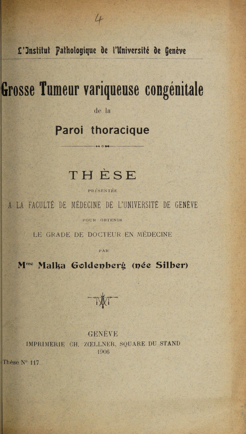 Grosse Tumeur variqueuse congénitale Paroi thoracique il THÈSE il PRÉSENTÉE A LA FACULTÉ DE MÉDECINE DE L’UNIVERSITÉ DE GENÈVE POUR OBTENIR I LE GRADE DE DOCTEUR EN MÉDECINE PAR Mme Mailla Goldepber^ (pée Silber) GENÈVE IMPRIMERIE GH. ZŒLLNER, SQUARE DU STAND 1906 Thèse N° 117.