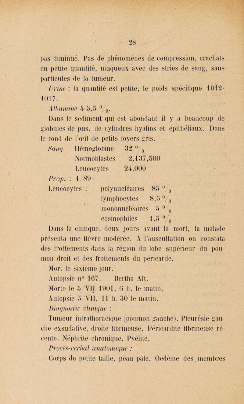 1 pas diminue. Pas de phenomenes de compression, crachats en petite quantite, muqueux avec des stries de sang, sans particules de la tumeur. Uiine : la quantite est petite, le poids specifique 1012- 1017. Albumine 4-5,5 °/0. Dans le Sediment qui est abondant il y a beaucoup de globules de pus, de cylindres hyalins et epitheliaux. Dans le fond de Foeil de pe.tits foyers gris. Sang Hemoglobine 52 °/0 Normoblastes 2,137,500 Leucocvtes 24,000 Prop. : 1/89 Leucocvtes : polynucleaires 85 0 0 lymphocytes 8,5 °/0 mononucleaires 5 0 0 eosinophiles 1,5 0 0 Dans la clinique. deux jours avant la mort, la malade presenta une fievre moderee. A l’auscultation on constata des frottements dans la region du lobe superieur du pou- mon droit et des frottements du pericarde. Mort le sixieme jour. Autopsie n° 167. Bertha Alt. Morte le 5/VII 1901, 6 h. le matin. Autopsie 5 VII, 11 h. 30 le matin. Diagnostic clinique : Tumeur intrathoracique (poutnon gauche). Pleuresie gau- che exsudative, droite (ibrineuse. Pericardite fibrineuse re- cente. Nephrite clironique. Pyelite. Proces-verbal anatomique : Corps de petite taille, peau pale. Oedeme des membres