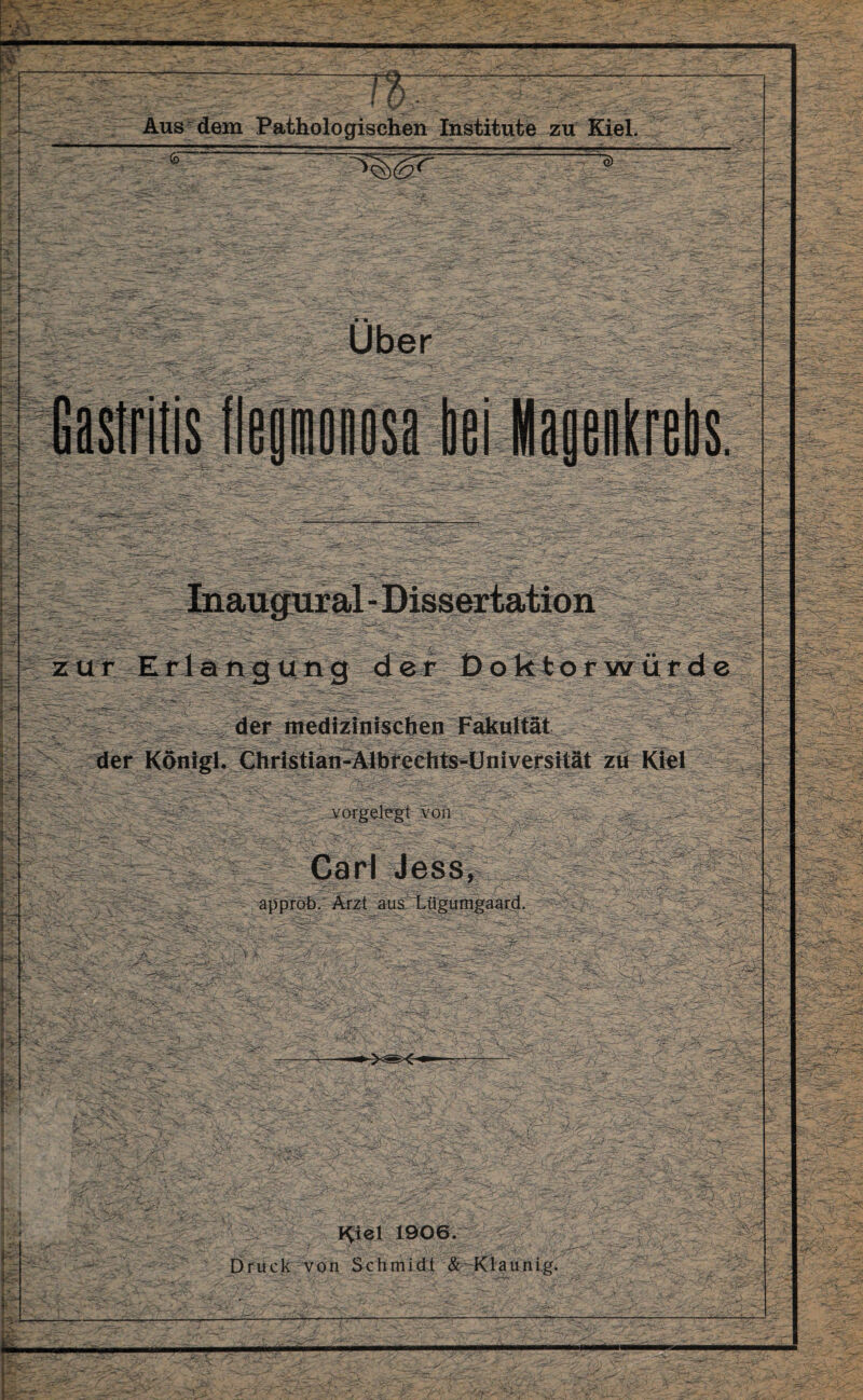 Über Inaugural - Dissertation zur Erlangung der Doktorwürde der medizinischen Fakultät der Königl. Christian-Albrechts-Universität zu Kiel vorgelegt von Carl Jess, approb. Arzt aus Liigumgaard. -—-— ,-C'TY^y ■ ißS \ - _? ^ . Xi«- -V’ ’v■-.» * I7’' ^ , -'T'»-'-; r . ' ^ T' 1 *• ’  '*>;>’^ iVji- ■ ■ •: - «r '.j;. •-<. Z Kiel 1906. Druck von Schmidt & Klaunig.