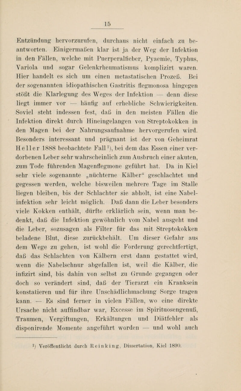 Entzündung hervorzurufen, durchaus nicht einfach zu be¬ antworten. Einigermaßen klar ist ja der Weg der Infektion in den Fällen, welche mit Puerperalfieber, Pyaemie, Typhus, Variola und sogar Gelenkrheumatismus komplizirt waren. Hier handelt es sich um einen metastatischen Prozeß. Bei der sogenannten idiopathischen Gastritis flegmonosa hingegen stößt die Klarlegung des Weges der Infektion — denn diese liegt immer vor — häufig auf erhebliche Schwierigkeiten. Soviel steht indessen fest, daß in den meisten Fällen die Infektion direkt durch Hineingelangen von Streptokokken in den Magen bei der Nahrungsaufnahme hervorgerufen wird. Besonders interessant und prägnant ist der von Geheimrat Heller 1888 beobachtete Fall1), bei dem das Essen einer ver¬ dorbenen Leber sehr wahrscheinlich zum Ausbruch einer akuten, zum Tode führenden Magenflegmone geführt hat. Da in Kiel sehr viele sogenannte „nüchterne Kälber“ geschlachtet und gegessen werden, welche bisweilen mehrere Tage im Stalle liegen bleiben, bis der Schlachter sie abholt, ist eine Nabel¬ infektion sehr leicht möglich. Daß dann die Leber besonders viele Kokken enthält, dürfte erklärlich sein, wenn man be¬ denkt, daß die Infektion gewöhnlich vom Nabel ausgeht und die Leber, sozusagen als Filter für das mit Streptokokken beladene Blut, diese zurückbehält. Um dieser Gefahr aus dem Wege zu gehen, ist wohl die Forderung gerechtfertigt, daß das Schlachten von Kälbern erst dann gestattet wird, wenn die Nabelschnur abgefallen ist, weil die Kälber, die infizirt sind, bis dahin von selbst zu Grunde gegangen oder doch so verändert sind, daß der Tierarzt ein Kranksein konstatieren und für ihre Unschädlichmachung Sorge tragen kann. — Es sind ferner in vielen Fällen, wo eine direkte Ursache nicht auffindbar war, Excesse im Spirituosengenuß, Traumen, Vergiftungen, Erkältungen und Diätfehler als disponirende Momente angeführt worden — und wohl auch ß Veröffentlicht durch Reinking, Dissertation, Kiel 1890.
