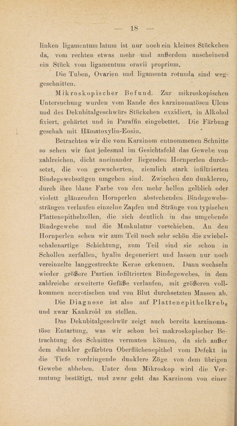 linken ligamentum latum ist nur noch ein kleines Stückchen da, vom rechten etwas mehr und außerdem anscheinend ein Stück vom ligamentum oravii proprium. Die Tuben, Ovarien und ligamenta rotunda sind weg¬ geschnitten. Mikroskopischer Befund. Zur mikroskopischen Untersuchung wurden vom Rande des karzinomatösen Ulcus und des Dekubitalgeseliwürs Stückchen exzidiert, in Alkohol fixiert, gehärtet und in Paraffin eingebettet. Die Färbung geschah mit Hämatoxylin-Eosin. Betrachten wir die vom Karzinom entnommenen Schnitte so sehen wir fast jedesmal im Gesichtsfeld das Gewebe von zahlreichen, dicht aneinander liegenden Hornperlen durch¬ setzt, die von gewucherten, ziemlich stark infiltrierten Bindegewebszügen umgeben sind. Zwischen den dunkleren, durch ihre blaue Farbe von den mehr hellen gelblich oder violett glänzenden Hornperlen abstechenden Bindegewebs- strangen verlaufen einzelne Zapfen und Stränge von typischen Plattenepithelzellen, die sich deutlich in das umgebende Bindegewebe und die Muskulatur vorschieben. An den Hornperlen sehen wir zum Teil noch sein’ schön die zwiebel¬ schalenartige Schichtung, zum Teil sind sie schon in Schollen zerfallen, hyalin degeneriert und lassen nur noch vereinzelte langgestreckte Kerne erkennen. Dann wechseln wieder größere Partien infiltrierten Bindegewebes, in dem zahlreiche erweiterte Gefäße verlaufen, mit größeren voll¬ kommen necrotischen und von Blut durchsetzten Massen ab. Die Diagnose ist also auf Platten epit helkr ebs und zwar Kankroid zu stellen. Das Dekubitalgeschwür zeigt auch bereits karzinoma- töse Entartung, was wir schon bei makroskopischer Be¬ trachtung des Schnittes vermuten können, da sich außer dem dunkler gefärbten Oberflächenepithel vom Defekt in die Tiefe vordringende dunklere Züge von dem übrigen Gewebe abhebeu. Unter dem Mikroskop wird die Ver¬ mutung bestätigt, und zwar geht das Karzinom von einer