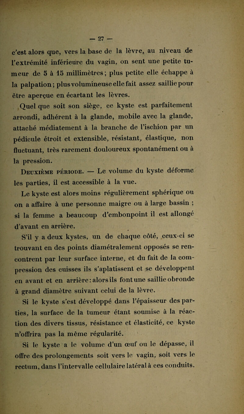 c'est alors que, vers la base de la lèvre, au niveau de l'extrémité inférieure du vagin, on sent une petite tu¬ meur de 5 à 15 millimètres ; plus petite elle échappe à la palpation; plus volumineuse elle fait assez sailliepour être aperçue en écartant les lèvres. Quel que soit son siège, ce kyste est parfaitement arrondi, adhérent à la glande, mobile avec la glande, attaché médiatement à la branche de l'ischion par un pédicule étroit et extensible, résistant, élastique, non fluctuant, très rarement douloureux spontanément ou à la pression. Deuxième période. — Le volume du kyste déforme les parties, il est accessible à la vue. Le kyste est alors moins régulièrement sphérique ou on a affaire à une personne maigre ou à large bassin ; si la femme a beaucoup d'embonpoint il est allongé d’avant en arrière. « S’il y a deux kystes, un de chaque côté, ceux-ci se trouvant en des points diamétralement opposés se ren¬ contrent par leur surface interne, et du fait de la com¬ pression des cuisses ils s’aplatissent et se développent en avant et en arrière : alors ils font une saillie obronde à grand diamètre suivant celui de la lèvre. Si le kyste s’est développé dans l’épaisseur des par¬ ties, la surface de la tumeur étant soumise à la réac¬ tion des divers tissus, résistance et élasticité, ce kyste n’offrira pas la même régularité. Si le kyste a le volume d’un œuf ou le dépasse, il offre des prolongements soit vers le vagin, soit vers le rectum, dans l’intervalle cellulaire latéral à ces conduits.