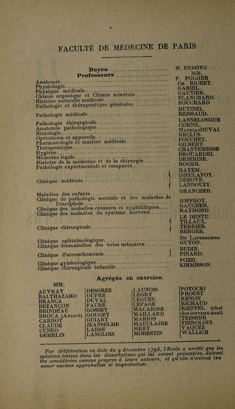 Doyen .. Professeurs. Anatomie.^. Physiologie...... .. Physique medicale-- Chimie organique et Chimie minérale. Histoire naturelle médicale........... Pathologie et thérapeutique generales. Pathologie médicale.:. .. Pathologie chirurgicale... Anatomie pathologique. Histologie..... Opérations et appareils.; • • * * ;. Pharmacologie et matière medicale. Thérapeutique. Hygiène. Médecine légale.' V.'-: ’ Histoire de la médecine et de la chirurgie Pathologie expérimentale et comparée. Clinique médicale Maladies des enfants.....; Clinique de pathologie mentale et des maladies de l’encephale..'.. Clinique des maladies cutanées et syphilitiques. Clinique des maladies du système nerveux...... Clinique chirurgicale Clinique ophtalmologique... Clinique desmaladies des voies urinaires Clinique d’accouchements. Clinique gynécologique...... Clinique chirurgicale infantile. M. DEBOVH MM. P. PüliUER Ch. RICHET. GARIEL. GAUTIER. BLANCHARD. BOUCHARD HUTINEL. BRISSAUD. LANNELONGUE CORNIL. MathiasDUV al RECLUS. POUCHET. GILBERT. CHANTEMESSE BROUARDEL DEJERINE. ROGER. HAYEM. DIEULAFOY. DEBOVE. LANDOUZY. GRANCHER. JOFFROY. GAUCHER. RAYMOND LE DENTU. TILLAUX. TERRIER. BERGER. De Lapersonnk GUYON. BUDIN. PINARD. POZZI. KIRMISSON. MM. AUVRAY BALTHAZARD BRANCA BEZANÇON BRINDEAU BROC A (Andké) CARNOT CLAUDE CUNEO DEMELIN Agrégés en exercice. DESGREZ DUPRE DUVAL FAURE GOSSET GOUGET GUIART JEANSELME LABBE LANGLOIS LAUNOIS LEGRY LEGUEU LEPAGE MACAIGNE MAILLARD MARION MAUCLAIRE MERY MORESTIN POTOCKI PROUST RENON RICHAUD RIEFFEL (chel des travaux anat) TEISSIER THIROLOIX VAQUEZ AVALLICH i. Par délibération en date du 9 décembre lygS, VEcole ^ arrêté opinions émises dans les dissertations qui lui tre considérées comme propres a leurs auteurs, et qu elle n entend leu onner aucune approbation ni improbation.