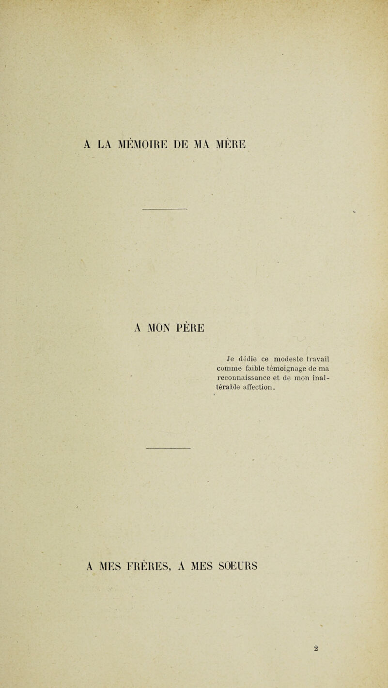 A LA MÉMOIRE DE MA MÈRE A MON PÈRE Je dédie ce modeste travail comme faible témoignage de ma reconnaissance et de mon inal¬ térable affection. A MES FRERES, A MES SOEURS