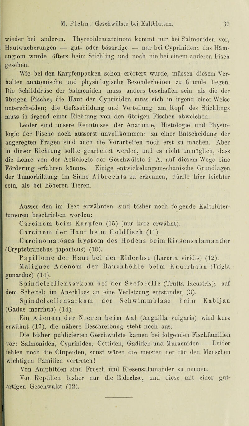 wieder bei anderen. Thyreoideacarcinom kommt nur bei Salmoniden vor, Hautwucherungen — gut- oder bösartige — nur bei Cypriniden; das Häm¬ angiom wTurde öfters beim Stichling und noch nie bei einem anderen Fisch gesehen. Wie bei den Karpfenpocken schon erörtert wurde, müssen diesem Ver¬ halten anatomische und physiologische Besonderheiten zu Grunde liegen. Die Schilddrüse der Salmoniden muss anders beschaffen sein als die der übrigen Fische; die Haut der Cypriniden muss sich in irgend einerWeise unterscheiden; die Gefässbildung und Verteilung am Kopf des Stichlings muss in irgend einer Richtung von den übrigen Fischen abweichen. Leider sind unsere Kenntnisse der Anatomie, Histologie und Physio¬ logie der Fische noch äusserst unvollkommen; zu einer Entscheidung der angeregten Fragen sind auch die Vorarbeiten noch erst zu machen. Aber in dieser Richtung sollte gearbeitet werden, und es nicht unmöglich, dass die Lehre von der Aetiologie der Geschwülste i. A. auf diesem Wege eine Förderung erfahren könnte. Einige entwickelungsmechanische Grundlagen der Tumorbildung im Sinne Albrechts zu erkennen, dürfte hier leichter sein, als bei höheren Tieren. Ausser den im Text erwähnten sind bisher noch folgende Kaltblüter¬ tumoren beschrieben worden: Carcinom beim Karpfen (15) (nur kurz erwähnt). Carcinom der Haut beim Goldfisch (11). Carcinomatöses Kystom des Hodens beim Riesensalamander (Cryptobrancbus japonicus) (10). Papillome der Haut bei der Eidechse (Lacerta viridis) (12). Malignes Adenom der Bauchhöhle beim Knurrhahn (Trigla gunardus) (14). Spindelzellensarkom bei der Seeforelle (Trutta lacustris); auf dem Scheitel; im Anschluss an eine Verletzung entstanden (3). Spindelzellensarkom der Schwimmblase beim Kabljau (Gadus morrhua) (14). Ein Adenom der Nieren beim Aal (Anguilla vulgaris) wird kurz erwähnt (17), die nähere Beschreibung steht noch aus. Die bisher publizierten Geschwülste kamen bei folgenden Fischfamilien vor: Salmoniden, Cypriniden, Cottiden, Gadiden und Muraeniden. — Leider fehlen noch die Clupeiden, sonst wären die meisten der für den Menschen wichtigen Familien vertreten! Von Amphibien sind Frosch und Riesensalamander zu nennen. Von Reptilien bisher nur die Eidechse, und diese mit einer gut¬ artigen Geschwulst (12).
