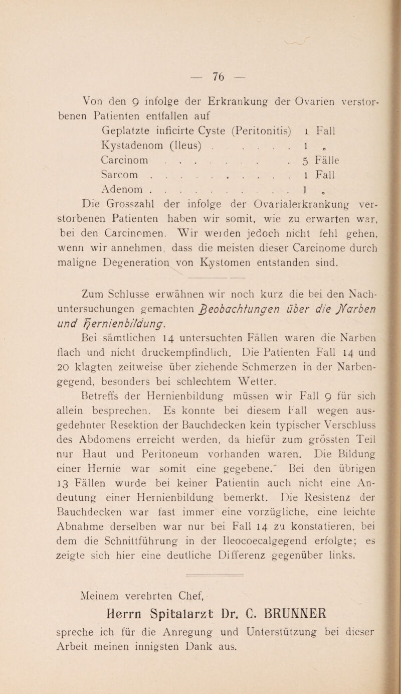 Von den Q infolge der Erkrankung der Ovarien verstor¬ benen Patienten entfallen auf Geplatzte inficirte Cyste (Peritonitis) 1 Fall Kystadenom (Ileus) . , . . . l Carcinom. .5 Fälle Sareom.1 Fall Adenom. J Die Grosszahl der infolge der Ovarialerkrankung ver¬ storbenen Patienten haben wir somit, wie zu erwarten war, bei den Carcinomen. Wir weiden jedoch nicht fehl gehen, wenn wir annehmen, dass die meisten dieser Carcinome durch maligne Degeneration von Kystomen entstanden sind. Zum Schlüsse erwähnen wir noch kurz die bei den Nach¬ untersuchungen gemachten Beobachtungen über die jYarben und Jjernienbüdung. Bei sämtlichen 14 untersuchten F'ällen waren die Narben flach und nicht druckempfindlich. Die Patienten Fall 14 und 20 klagten zeitweise über ziehende Schmerzen in der Narben¬ gegend, besonders bei schlechtem Wetter. Betreffs der Hernienbildung müssen wir Fall 9 für sich allein besprechen. Es konnte bei diesem fall wegen aus¬ gedehnter Resektion der Bauchdecken kein typischer Verschluss des Abdomens erreicht werden, da hiefür zum grössten Teil nur Haut und Peritoneum vorhanden waren. Die Bildung einer Hernie war somit eine gegebene.' Bei den übrigen 13 Fällen wurde bei keiner Patientin auch nicht eine An¬ deutung einer Hernienbildung bemerkt. Die Resistenz der Bauchdecken war fast immer eine vorzügliche, eine leichte Abnahme derselben war nur bei Fall 14 zu konstatieren, bei dem die Schnittführung in der Ileocoecalgegend erfolgte; es zeigte sich hier eine deutliche Differenz gegenüber links. Meinem verehrten Chef, Herrn Spitalarzt Dr. C. BRUNNER spreche ich für die Anregung und Unterstützung bei dieser Arbeit meinen innigsten Dank aus.