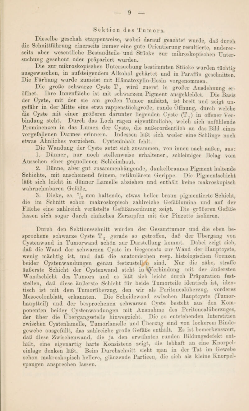 Sektion des Tumors. Dieselbe geschah etappenweise, wobei darauf geachtet wurde, daß durch die Schnittführung einerseits immer eine gute Orientierung resultierte, anderer¬ seits aber wesentliche Bestandteile und Stücke zur mikroskopischen Unter¬ suchung geschont oder präpariert wurden. Die zur mikroskopischen Untersuchung bestimmten Stücke wurden tüchtig ausgewaschen, in aufsteigendem Alkohol gehärtet und in Paraffin geschnitten. Die Färbung wurde zumeist mit Hämatoxylin-Eosin vorgenommen. Die große schwarze Cyste T2 wird zuerst in großer Ausdehnung er¬ öffnet. Ihre Innenfläche ist mit schwarzem Pigment ausgekleidet. Die Basis der Cyste, mit der sie am großen Tumor aufsitzt, ist breit und zeigt un¬ gefähr in der Mitte eine etwa rappenstückgroße, runde Öffnung, durch welche die Cyste mit einer größeren darunter liegenden Cyste (T ,) in offener Ver¬ bindung steht. Durch das Loch ragen eigentümliche, weich sich anfühlende Prominenzen in das Lumen der Cyste, die außerordentlich an das Bild eines vorgefallenen Darmes erinnern. Indessen läßt sich weder eine Schlinge noch etwas Ähnliches vorziehen. Cysteninhalt fehlt. Die Wandung der Cyste setzt sich zusammen, von innen nach außen, aus: 1. Dünner, nur noch stellenweise erhaltener, schleimiger Belag vom Aussehen einer gequollenen Schleimhaut. 2. Dünne, aber gut zusammenhängende, dunkelbraunes Pigment haltende Schichte, mit anscheinend feinem, retikulärem Gerippe. Die - Pigmentschicht läßt sich leicht in dünner Lamelle abziehen und enthält keine makroskopisch wahrnehmbaren Gefäße. 3. Dicke, ca. 2 3 mm haltende, etwas heller braun pigmentierte Schicht, die im Schnitt schon makroskopisch zahlreiche Gefäßlumina und auf der Fläche eine zahlreich verästelte Gefäßanordnung zeigt. Die größeren Gefäße lassen sich sogar durch einfaches Zerzupfen mit der Pinzette isolieren. Durch den Sektionsschnitt wurden der Gesamttumor und die eben be¬ sprochene schwarze Cyste T., gerade so getroffen, daß der Übergang von Cystenwand in Tumorwand schön zur Darstellung kommt. Dabei zeigt sich, daß die Wand der schwarzen Cyste im Gegensatz zur Wand der Hauptcyste, wenig mächtig ist, und daß die anatomischen resp. histologischen Grenzen beider Cystenwandungen genau festzustel] n sind. Xur die zähe, straffe äußerste Schicht der Cystenwand steht in erbindung mit der äußersten Wandschicht des Tumors und es läßt sich leicht durch Präparation fest¬ stellen, daß diese äußerste Schicht für beide Tumorteile identisch ist, iden¬ tisch ist mit dem Tumorüberzug, den wir als Peritonealüberzug, vorderes Mesocolonblatt, erkannten. Die Scheidewand zwischen Hauptcyste (Tumor¬ hauptteil) und der besprochenen schwarzen Cyste besteht aus den Kom¬ ponenten beider Cystenwandungen mit Ausnahme des Peritonealüberzuges, der über die Übergangsstelle hinwegzieht. Die so entstehenden Interstitiell zwischen Cystenlamelle, Tumorlamelle und Überzug sind von lockerem Binde¬ gewebe ausgefüllt, das zahlreiche große Gefäße enthält. Es ist bemerkenswert, daß diese Zwischenwand, die ja den erwähnten runden Bildungsdefekt ent¬ hält, eine eigenartig harte Konsistenz zeigt, die lebhaft an eine Knorpel¬ einlage denken läßt. Beim Durchschnitt sieht man in der lat im Gewebe schon makroskopisch hellere, glänzende Partieen, die sich als kleine Knorpel¬ spangen ansprechen lassen.