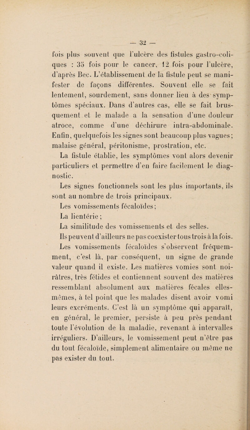 fois plus souvent que F ulcère des fistules gastro-coli¬ ques : 35 fois pour le cancer, 12 fois pour l’ulcère, d’après Bec. L’établissement de la fistule peut se mani¬ fester de façons différentes. Souvent elle se fait lentement, sourdement, sans donner lieu à des-symp¬ tômes spéciaux. Dans d’autres cas, elle se fait brus¬ quement et le malade a la sensation d’une douleur atroce, comme d’une déchirure intra-abdominale. Enfin, quelquefois les signes sont beaucoup plus vagues; malaise général, péritonisme, prostration, etc. La fistule établie, les symptômes vont alors devenir particuliers et permettre d’en faire facilement le diag¬ nostic. Les signes fonctionnels sont les plus importants, ils sont au nombre de trois principaux. Les vomissements fécaloïdes; La lientérie ; La similitude des vomissements et des selles. Ils peuvent d’ailleurs ne pas coexister tous trois à la fois. Les vomissements fécaloïdes s’observent fréquem¬ ment, c’est là, par conséquent, un signe de grande valeur quand il existe. Les matières vomies sont noi¬ râtres, très fétides et contiennent souvent des matières ressemblant absolument aux matières fécales elles- mêmes, à tel point que les malades disent avoir vomi leurs excréments. C’est là un symptôme qui apparaît, en général, le premier, persiste à peu près pendant toute l’évolution de la maladie, revenant à intervalles irréguliers. D’ailleurs, le vomissement peut n’être pas du tout fécaloïde, simplement alimentaire ou même ne pas exister du tout.
