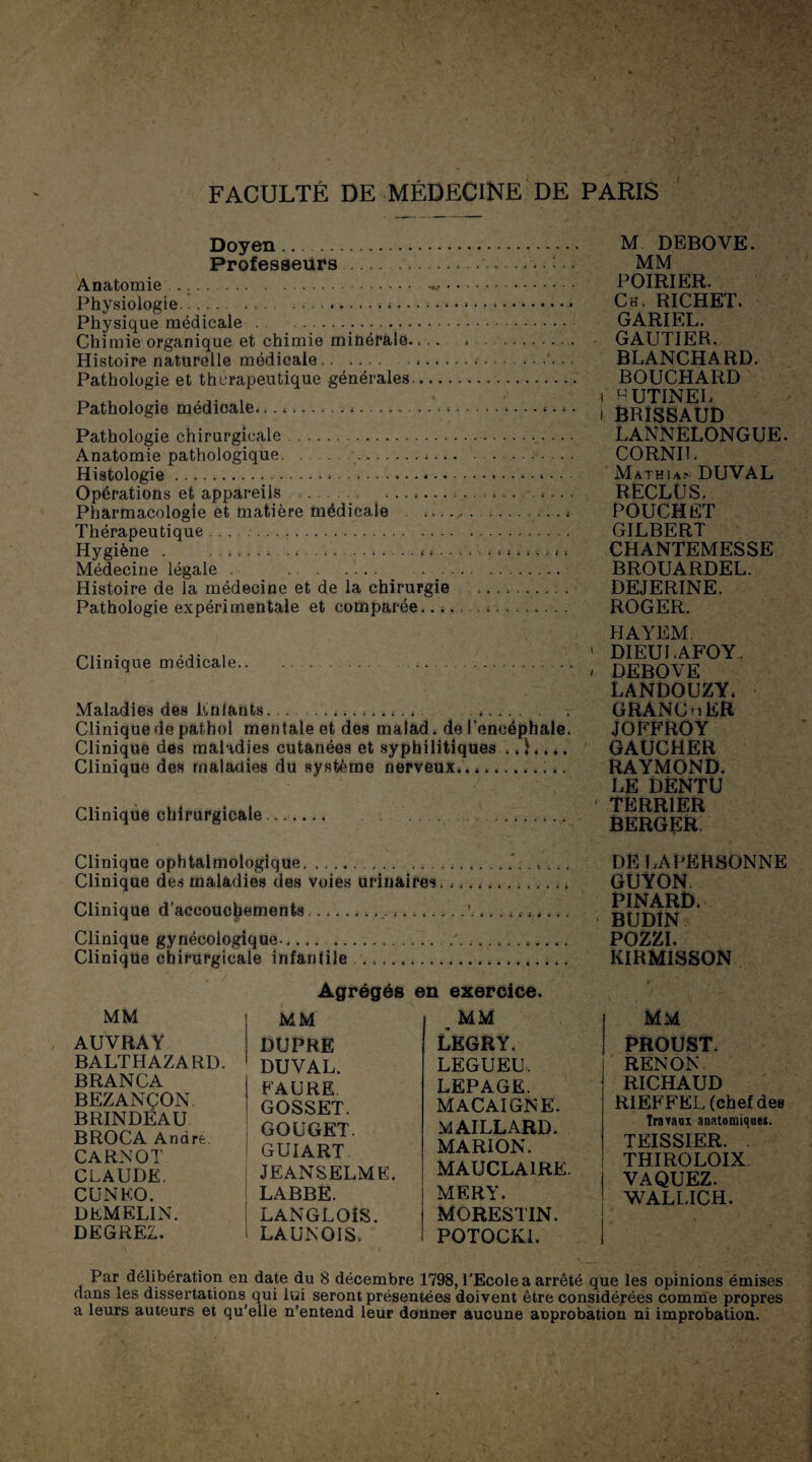 Doyen. Professeurs. . Anatomie ... . Physiologie.> ••. Physique médicale.;.. Chimie organique et chimie minérale.... . . . Histoire naturelle médicale....■ • • • Pathologie et thérapeutique générales. Pathologie médicale... ;...... *...* Pathologie chirurgicale. Anatomie pathologique.. Histologie.... Opérations et appareils . ..... 1 - Pharmacologie et matière médicale . Thérapeutique .. Hygiène . ........ < Médecine légale . . .. . . '... .. .. Histoire de la médecine et de la chirurgie Pathologie expérimentale et comparée. Clinique médicale.. Maladies des K niants.. Clinique de pathol mentale et des malad. de l’encéphale. Clinique des maladies cutanées et syphilitiques... L . «. Clinique des maladies du système nerveux..__..... Clinique chirurgicale.. M DEBOVE. MM POIRIER. Ch. RICHET. GARIEL. GAUTIER. BLANCHARD. BOUCHARD 1 HUTINEL l BRÏSSAUD LANNELONGUE. CORNU. Mathias DU VAL RECLUS. POUCHET GILBERT CHANTEMESSE BROUARDEL. DEJERINE. ROGER. HAYEM. ' DIEULAFOY. - DEBOVE LANDOUZY. GRANCmER JOFFROY GAUCHER RAYMOND. LE DENTU ' TERRIER BERGER Clinique ophtalmologique.. ... Clinique des maladies des voies urinaires. .. Clinique d’accouchements... Clinique gynécologique.. Clinique chirurgicale infantile. DÉ LAPERSONNE GUYON PINARD. BUDIN POZZI. KIRMISSON Agrégés en exercice. MM MM AUVRAY BALTHAZARD. BRANCA BEZANÇON BRINDEAU BROCA André. CARNOT CLAUDE. CUNKO. DEMELIN. DEGREZ. DUPRE DUVAL. FAURE. GOSSET. GOUGET. GUIART. ; JEANSELME. LABBE. LANGLOIS. LA UN 01 S. MM LEGRY. LEGUEU. LEPAGE. MACAIGNE. MAILLARD. MARION. MAUCLA1RE. MERY. MORESTIN. POTOCKI. MM PROUST. RENON RICHAUD RIEFFEL (chef des Travaux anatomiques. TEISSIER. . THIROLOIX VAQUEZ. WALLICH. Par délibération en date du 8 décembre 1798, PEcole a arrêté que les opinions émises dans les dissertations qui lui seront présentées doivent être considérées comme propres a leurs auteurs et qu’elle n’entend leur donner aucune anprobàtion ni improbation.