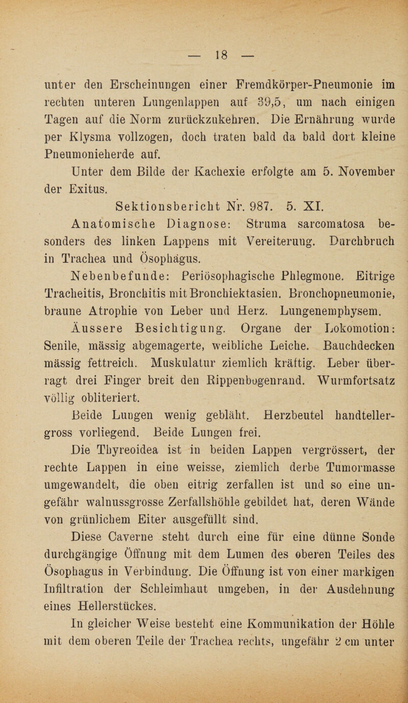 unter den Erscheinungen einer Fremdkörper-Pneumonie im rechten unteren Lungenlappen auf 39,5, um nach einigen Tagen auf die Norm zurückzukehren. Die Ernährung wurde per Klysma vollzogen, doch traten bald da bald dort kleine Pneumonieherde auf. Unter dem Bilde der Kachexie erfolgte am 5. November der Exitus. Sektionsbericht Nr. 987. 5. XI. Anatomische Diagnose: Struma sarcomatosa be¬ sonders des linken Lappens mit Vereiterung. Durchbruch in Trachea und Ösophagus. Nebenbefunde: Periösophagische Phlegmone. Eitrige Tracheitis, Bronchitis mitBronchiektasien. Bronchopneumonie, braune Atrophie von Leber und Herz. Lungenemphysem. Äussere Besichtigung. Organe der Lokomotion: Senile, massig abgemagerte, weibliche Leiche. Bauchdecken massig fettreich. Muskulatur ziemlich kräftig. Leber über¬ ragt drei Finger breit den Rippenbogenrand. Wurmfortsatz völlig obliteriert. Beide Lungen wenig gebläht. Herzbeutel handteller¬ gross vorliegend. Beide Lungen frei. Die Thyreoidea ist in beiden Lappen vergrössert, der rechte Lappen in eine weisse, ziemlich derbe Tumormasse umgewandelt, die oben eitrig zerfallen ist und so eine un¬ gefähr walnussgrosse Zerfallshöhle gebildet hat, deren Wände von grünlichem Eiter ausgefüllt sind. Diese Caverne steht durch eine für eine dünne Sonde durchgängige Öffnung mit dem Lumen des oberen Teiles des Ösophagus in Verbindung. Die Öffnung ist von einer markigen Infiltration der Schleimhaut umgeben, in der Ausdehnung eines Hellerstückes. In gleicher Weise besteht eine Kommunikation der Höhle mit dem oberen Teile der Trachea rechts, ungefähr 2 cm unter