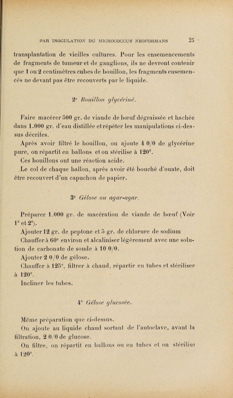 35 transplantation de vieilles cultures. Pour les ensemencements de fragments de tumeur et de ganglions, ils ne devront contenir que 1 ou 2 centimètres cubes de bouillon, les fragments ensemen¬ cés ne devant pas être recouverts par le liquide. 2° Bouillon glycérine. Faire macérer 500 gr. de viande de bœuf dégraissée et hachée dans 1.000 gr. d'eau distillée et répéter les manipulations ci-des¬ sus décrites. Après avoir filtré le bouillon, on ajoute 4 0/0 de glycérine pure, on répartit en ballons et on stérilise à 120°. Ces bouillons ont une réaction acide. Le col de chaque ballon, après avoir été bouché d'ouate, doit être recouvert d'un capuchon de papier. \ ' . 3° Gélose ou agar-agar. Préparer 1.000 gr. de macération de viande de bœuf (Voir 1° et 2°). Ajouter 12 gr. de peptone et 5 gr. de chlorure de sodium Chauffer à 60° environ et alcaliniser légèrement avec une solu¬ tion de carbonate de soude à 10 0/0. Ajouter 2 0/0 de gélose. Chauffer à 125°, filtrer à chaud, répartir en tubes et stériliser à 120°. Incliner les tubes. 4° Gélose glucosée. Même préparation que ci-dessus. On ajoute au liquide chaud sortant de l’autoclave, avant la filtration, 2 0/0de glucose. On filtre, on répartit en ballons ou en tubes et on stérilise à 120°.