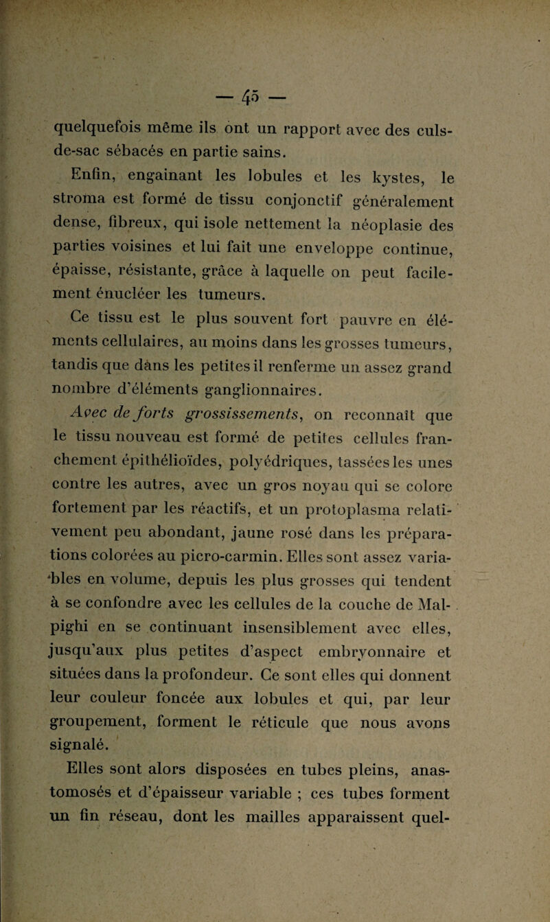 quelquefois même ils ont un rapport avec des culs- de-sac sébacés en partie sains. Enfin, engainant les lobules et les kystes, le stroma est formé de tissu conjonctif généralement dense, fibreux, qui isole nettement la néoplasie des parties voisines et lui fait une enveloppe continue, épaisse, résistante, grâce à laquelle on peut facile¬ ment énucléer les tumeurs. Ce tissu est le plus souvent fort pauvre en élé¬ ments cellulaires, au moins dans les grosses tumeurs, tandis que dans les petites il renferme un assez grand nombre d’éléments ganglionnaires. Avec de forts grossissements, on reconnaît que le tissu nouveau est formé de petites cellules fran¬ chement épithélioïdes, polyédriques, tassées les unes contre les autres, avec un gros noyau qui se colore fortement par les réactifs, et un protoplasma relati¬ vement peu abondant, jaune rosé dans les prépara¬ tions colorées au picro-carmin. Elles sont assez varia¬ ntes en volume, depuis les plus grosses qui tendent à se confondre avec les cellules de la couche de Mal- pighi en se continuant insensiblement avec elles, jusqu’aux plus petites d’aspect embryonnaire et situées dans la profondeur. Ce sont elles qui donnent leur couleur foncée aux lobules et qui, par leur groupement, forment le réticule que nous avons signalé. Elles sont alors disposées en tubes pleins, anas¬ tomosés et d’épaisseur variable ; ces tubes forment un fin réseau, dont les mailles apparaissent quel-