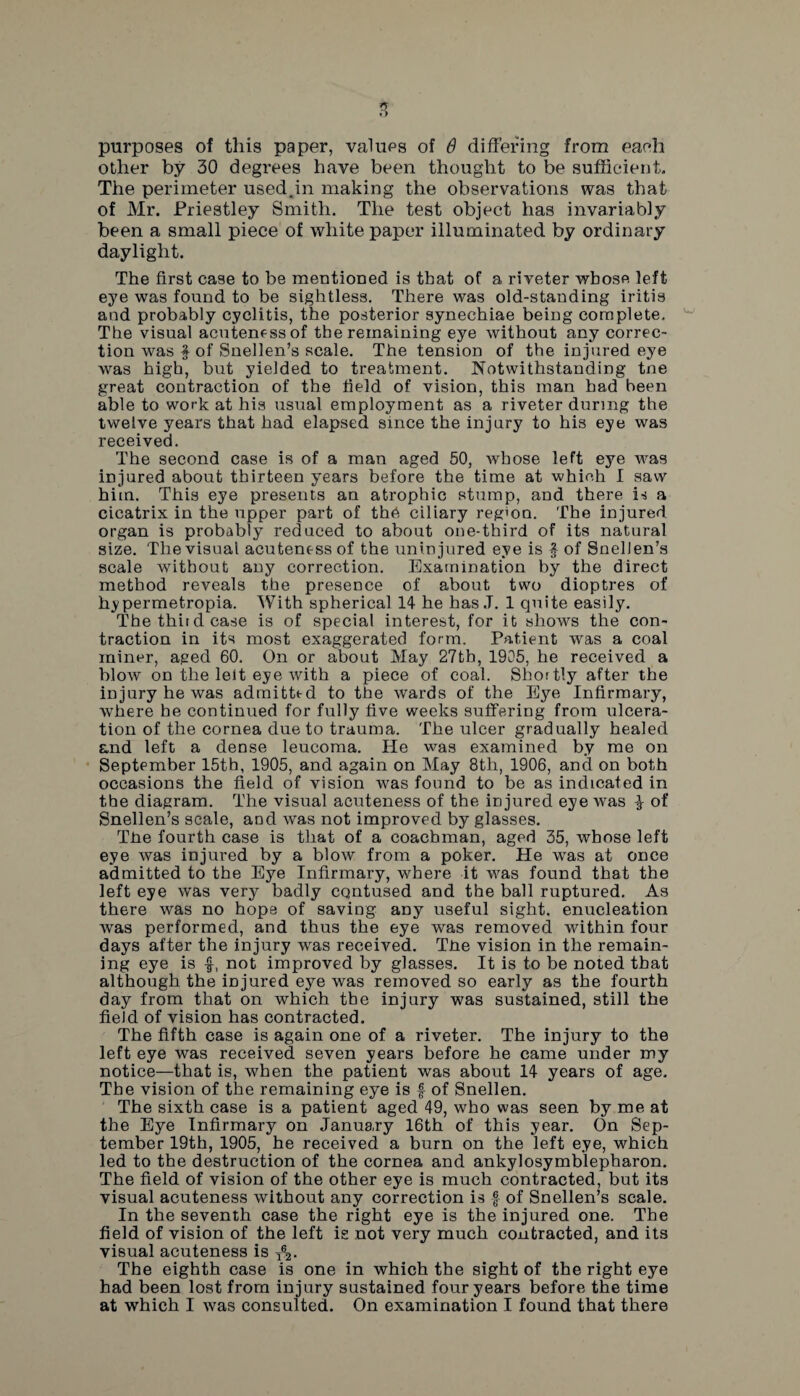 purposes of this paper, values of 6 differing from each other by 30 degrees have been thought to be sufficient. The perimeter used jn making the observations was that of Mr. Priestley Smith. The test object has invariably been a small piece of white paper illuminated by ordinary daylight. The first case to be mentioned is that of a riveter whose left eye was found to be sightless. There was old-standing iritis and probably cyclitis, the posterior synechiae being complete. The visual acuteness of the remaining eye without any correc¬ tion was £ of Snellen’s scale. The tension of the injured eye was high, but yielded to treatment. Notwithstanding tne great contraction of the field of vision, this man had been able to work at his usual employment as a riveter during the twelve years that had elapsed since the injury to his eye was received. The second case is of a man aged 50, whose left eye was injured about thirteen years before the time at which I saw him. This eye presents an atrophic stump, and there is a cicatrix in the upper part of the ciliary region. The injured organ is probably reduced to about one-third of its natural size. The visual acuteness of the uninjured eye is f of Snellen’s scale without any correction. Examination by the direct method reveals the presence of about two dioptres of hypermetropia. With spherical 14 he has.T. 1 quite easily. The third case is of special interest, for it shows the con¬ traction in its most exaggerated form. Patient was a coal miner, aged 60. On or about May 27th, 1905, he received a blow on the left eye with a piece of coal. Shortly after the injury he was admitted to the wards of the Eye Infirmary, where he continued for fully five weeks suffering from ulcera¬ tion of the cornea due to trauma. The ulcer gradually healed and left a dense leucoma. He was examined by me on September 15th, 1905, and again on May 8th, 1906, and on both occasions the field of vision was found to be as indicated in the diagram. The visual acuteness of the injured eye was £ of Snellen’s scale, and was not improved by glasses. The fourth case is that of a coachman, aged 35, whose left eye was injured by a blow from a poker. He was at once admitted to the Eye Infirmary, where it was found that the left eye was very badly contused and the ball ruptured. As there was no hope of saving any useful sight, enucleation was performed, and thus the eye was removed within four days after the injury was received. The vision in the remain¬ ing eye is f, not improved by glasses. It is to be noted that although the injured eye was removed so early as the fourth day from that on which the injury was sustained, still the field of vision has contracted. The fifth case is again one of a riveter. The injury to the left eye was received seven years before he came under my notice—that is, when the patient was about 14 years of age. The vision of the remaining eye is f of Snellen. The sixth case is a patient aged 49, who was seen by me at the Eye Infirmary on January 16th of this year. On Sep¬ tember 19th, 1905, he received a burn on the left eye, which led to the destruction of the cornea and ankylosymblepharon. The field of vision of the other eye is much contracted, but its visual acuteness without any correction is f of Snellen’s scale. In the seventh case the right eye is the injured one. The field of vision of the left is not very much contracted, and its visual acuteness is TV The eighth case is one in which the sight of the right eye had been lost from injury sustained four years before the time