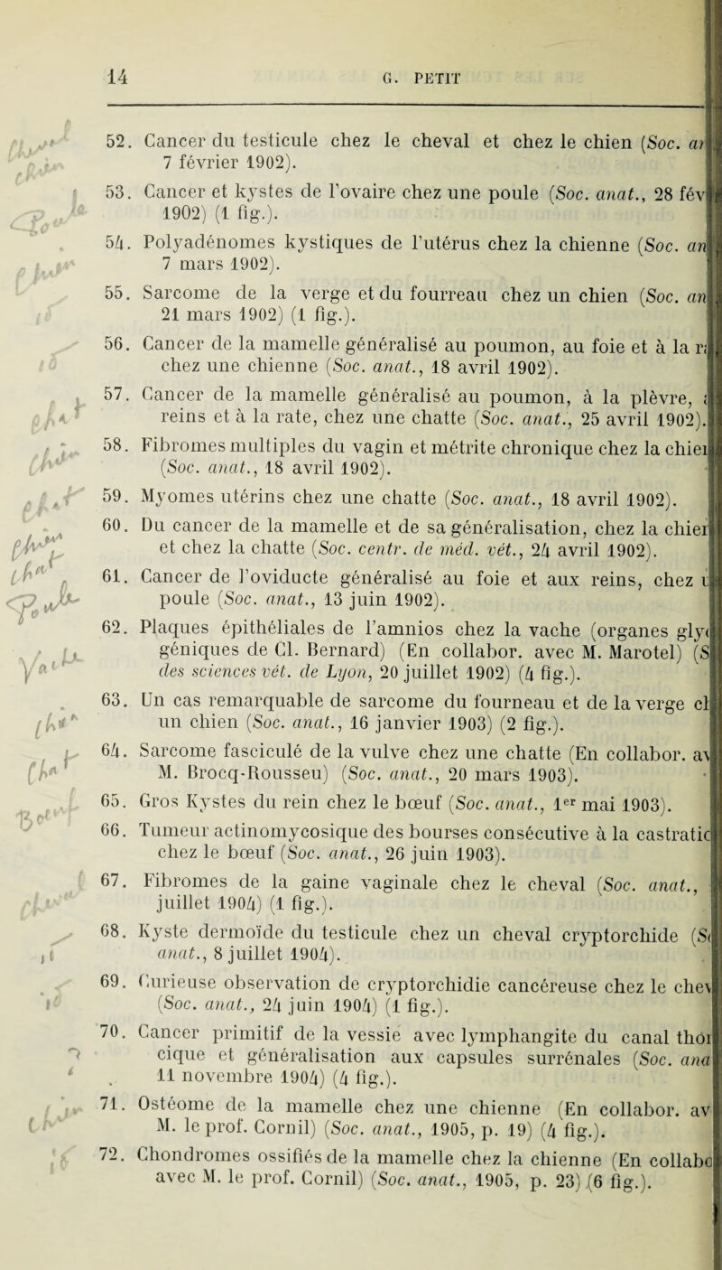 52. Cancer du testicule chez le cheval et chez le chien (Soc. a/ 7 février 1902). 53. Cancer et kystes de l’ovaire chez une poule (Soc. anat., 28 fév 1902) (1 fig.). ' 54. Polyadénomes kystiques de l’utérus chez la chienne (Soc. an 7 mars 1902). 55. Sarcome de la verge et du fourreau chez un chien (Soc. 21 mars 1902) (1 fig.). 56. Cancer de la mamelle généralisé au poumon, au foie et à la r; chez une chienne (Soc. anat., 18 avril 1902). 57. Cancer de la mamelle généralisé au poumon, à la plèvre, î reins et à la rate, chez une chatte (Soc. anat., 25 avril 1902). 58. Fibromes multiples du vagin et métrite chronique chez la chiei (Soc. anat., 18 avril 1902). 59. Myornes utérins chez une chatte (Soc. anat., 18 avril 1902). [ 60. Du cancer de la mamelle et de sa généralisation, chez la chier et chez la chatte (Soc. centr. de méd. vét., 24 avril 1902). | 61. Cancer de l’oviducte généralisé au foie et aux reins, chez rî poule (Soc. anat., 13 juin 1902). 62. Plaques épithéliales de l’amnios chez la vache (organes gly( géniques de Cl. Bernard) (En collabor. avec M. Marotel) (S des sciences vét. de Lyon, 20 juillet 1902) (4 fig.). 63. Un cas remarquable de sarcome du fourneau et de la verge cl un chien (Soc. anat., 16 janvier 1903) (2 fig.). 64. Sarcome fasciculé de la vulve chez une chatte (En collabor. a\ M. Brocq-Rousseu) (Soc. anat., 20 mars 1903). 65. Gros Kystes du rein chez le bœuf (Soc. anat., mai 1903). 66. Tumeur actinomycosique des bourses consécutive à la castraticl chez le bœuf (Soc. anat., 26 juin 1903). 1 67. Fibromes de la gaine vaginale chez le cheval (Soc. anat., juillet 1904) (1 fig.). 68. Kyste dermoïde du testicule chez un cheval cryptorchide (S( anat., 8 juillet 1904). 69. fairiease observation de cryptorchidie cancéreuse chez le che\ (Soc. anat., 24 juin 1904) (1 fig.). 70. Cancer primitif de la vessie avec lymphangite du canal thoi cique et généralisation aux capsules surrénales (Soc. ana 11 novembre 1904) (4 fig.). 71. Ostéome de la mamelle chez une chienne (En collabor. av M. le prof. Gornil) (Soc. anat., 1905, p. 19) (4 fig.). 72. Chondromes ossifiés de la mamelle chez la chienne (En collabo avec M. le prof. Cornil) (Soc. anat., 1905, p. 23) {6 fig.).