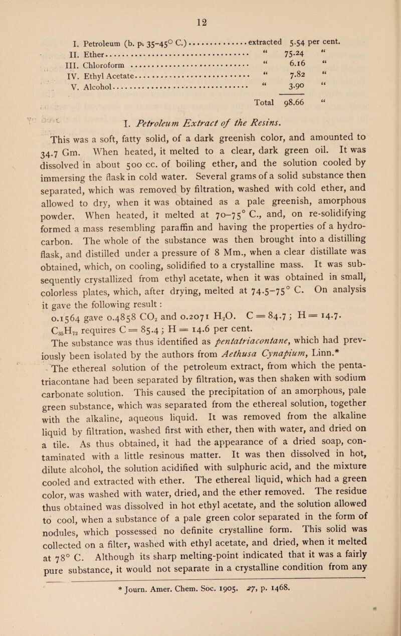 I. Petroleum (b. p-. 35~450 C.) II. Ether. III. Chloroform . IV. Ethyl Acetate. V. Alcohol. Total 98.66 “ I. Petroleum Extract of the Resins. This was a soft, fatty solid, of a dark greenish color, and amounted to 34.7 Gm. When heated, it melted to a clear, dark green oil. It was dissolved in about 500 cc. of boiling ether, and the solution cooled by immersing the flask in cold water. Several grams of a solid substance then separated, which was removed by filtration, washed with cold ether, and allowed to dry, when it was obtained as a pale greenish, amorphous powder. When heated, it melted at 70-75° C., and, on re-solidifying formed a mass resembling paraffin and having the properties of a hydro¬ carbon. The whole of the substance was then brought into a distilling flask, and distilled under a pressure of 8 Mm., when a clear distillate was obtained, which, on cooling, solidified to a crystalline mass. It was sub¬ sequently crystallized from ethyl acetate, when it was obtained in small, colorless plates, which, after drying, melted at 74-5-75° C. °n analysis it gave the following result: 0.1564 gave 0.4858 C02 and 0.2071 H20. C = 84.7 ; H = x4-7- C39H72 requires C = 85.4 ; H = 14.6 per cent. The substance was thus identified as pentatriacontane, which had prev¬ iously been isolated by the authors from Aethusa Cynapium, Linn.* The ethereal solution of the petroleum extract, from which the penta¬ triacontane had been separated by filtration, was then shaken with sodium carbonate solution. This caused the precipitation of an amorphous, pale green substance, which was separated from the ethereal solution, together with the alkaline, aqueous liquid. It was removed from the alkaline liquid by filtration, washed first with ether, then with water, and dried on a tile. As thus obtained, it had the appearance of a dried soap, con¬ taminated with a little resinous matter. It was then dissolved in hot, dilute alcohol, the solution acidified with sulphuric acid, and the mixture cooled and extracted with ether. The ethereal liquid, which had a green color, was washed with water, dried, and the ether removed. The residue thus obtained was dissolved in hot ethyl acetate, and the solution allowed to cool, when a substance of a pale green color separated in the form of nodules, which possessed no definite crystalline form. This solid was collected on a filter, washed with ethyl acetate, and dried, when it melted at 78° C. Although its sharp melting-point indicated that it was a fairly pure substance, it would not separate in a crystalline condition from any extracted 5.54 per cent. 75.24 “ 6.16 “ . “ 7.82 . “ 3.90 “ * Journ. Amer. Chem. Soc. 1905. .27, p. 1468.