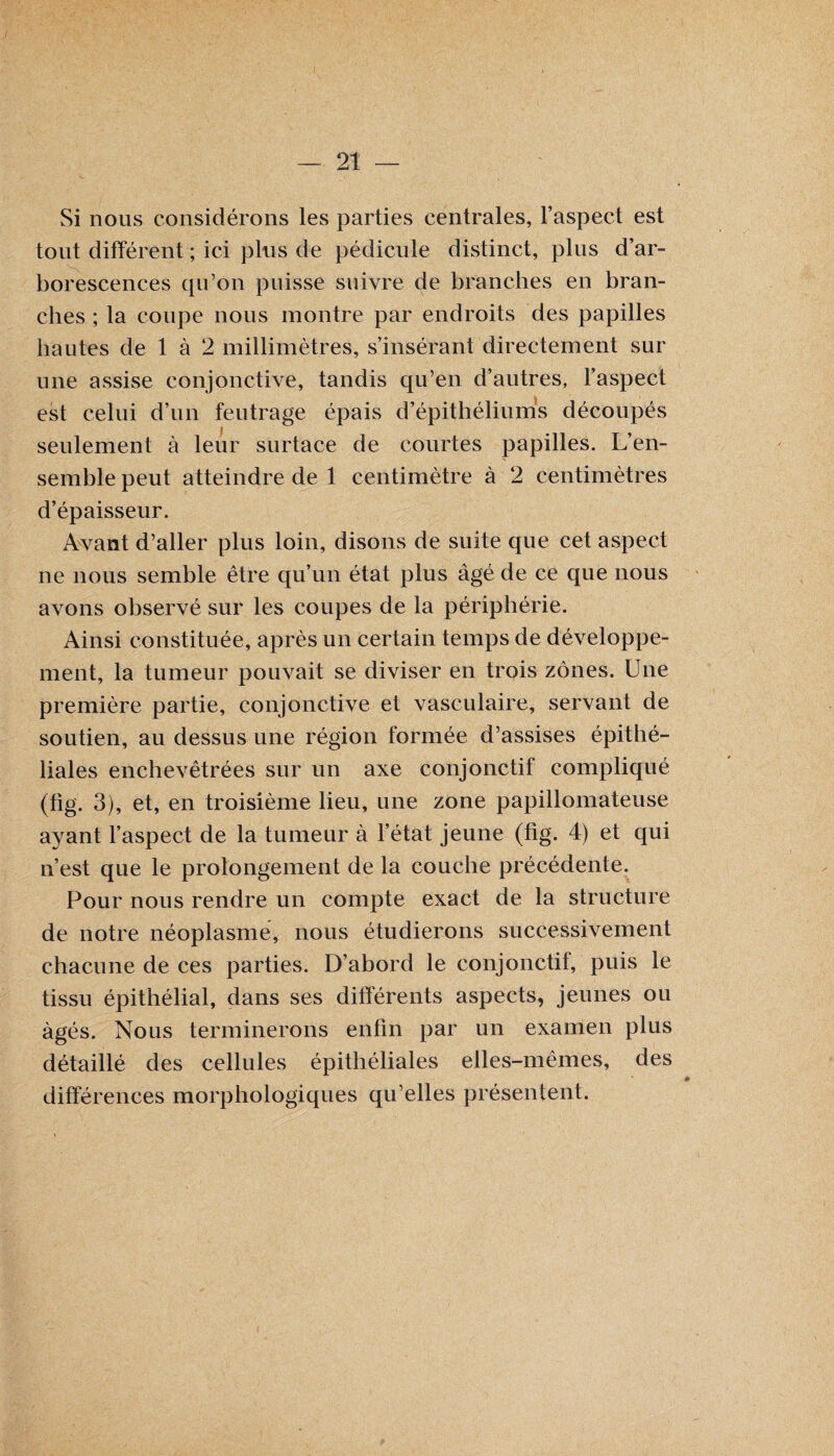 Si nous considérons les parties centrales, l’aspect est tout différent ; ici plus de pédicule distinct, plus d’ar¬ borescences qu’on puisse suivre de branches en bran¬ ches ; la coupe nous montre par endroits des papilles hautes de 1 à 2 millimètres, s’insérant directement sur une assise conjonctive, tandis qu’en d’autres, l’aspect est celui d’un feutrage épais d’épithéliums découpés seulement à leur surtace de courtes papilles. L’en¬ semble peut atteindre de 1 centimètre à 2 centimètres d’épaisseur. Avant d’aller plus loin, disons de suite que cet aspect ne nous semble être qu’un état plus âgé de ce que nous avons observé sur les coupes de la périphérie. Ainsi constituée, après un certain temps de développe¬ ment, la tumeur pouvait se diviser en trois zones. Une première partie, conjonctive et vasculaire, servant de soutien, au dessus une région formée d’assises épithé¬ liales enchevêtrées sur un axe conjonctif compliqué (fig. 3), et, en troisième lieu, une zone papillomateuse ayant l’aspect de la tumeur à l’état jeune (fig. 4) et qui n’est que le prolongement de la couche précédente. Pour nous rendre un compte exact de la structure de notre néoplasme, nous étudierons successivement chacune de ces parties. D’abord le conjonctif, puis le tissu épithélial, dans ses différents aspects, jeunes ou âgés. Nous terminerons enfin par un examen plus détaillé des cellules épithéliales elles-mêmes, des différences morphologiques qu’elles présentent.