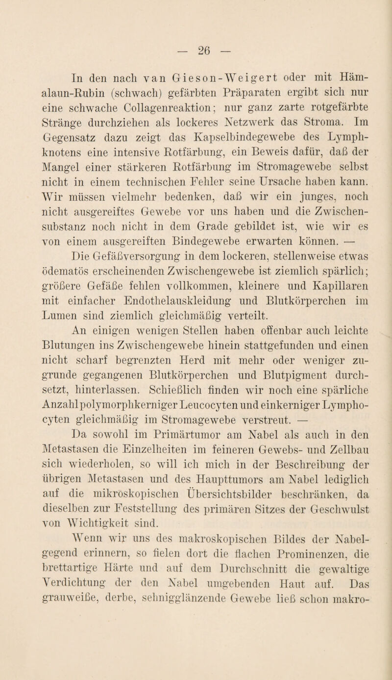 In den nach van Gieson-Weigert oder mit Häm- alaun-Rubin (schwach) gefärbten Präparaten ergibt sich nur eine schwache Collagenreaktion; nur ganz zarte rotgefärbte Stränge durchziehen als lockeres Netzwerk das Stroma. Im Gegensatz dazu zeigt das Kapselbindegewebe des Lymph¬ knotens eine intensive Rotfärbung, ein Beweis dafür, daß der Mangel einer stärkeren Rotfärbung im Stromagewebe selbst nicht in einem technischen Fehler seine Ursache haben kann. Wir müssen vielmehr bedenken, daß wir ein junges, noch nicht ausgereiftes Gewebe vor uns haben und die Zwischen¬ substanz noch nicht in dem Grade gebildet ist, wie wir es von einem ausgereiften Bindegewebe erwarten können. — Die Gefäßversorgung in dem lockeren, stellenweise etwas ödematös erscheinenden Zwischengewebe ist ziemlich spärlich; größere Gefäße fehlen vollkommen, kleinere und Kapillaren mit einfacher Endothelauskleidung und Blutkörperchen im Lumen sind ziemlich gleichmäßig verteilt. An einigen wenigen Stellen haben offenbar auch leichte Blutungen ins Zwischengewebe hinein stattgefunden und einen nicht scharf begrenzten Herd mit mehr oder weniger zu¬ grunde gegangenen Blutkörperchen und Blutpigment durch¬ setzt, hinterlassen. Schießlich finden wir noch eine spärliche Anzahlpolymorphkerniger Leucocyten und einkerniger Lympko- cyten gleichmäßig im Stromagewebe verstreut. — Da sowohl im Primärtumor am Nabel als auch in den Metastasen die Einzelheiten im feineren Gewebs- und Zellbau sich wiederholen, so will ich mich in der Beschreibung der übrigen Metastasen und des Haupttumors am Nabel lediglich auf die mikroskopischen Übersichtsbilder beschränken, da dieselben zur Feststellung des primären Sitzes der Geschwulst von Wichtigkeit sind. Wenn wir uns des makroskopischen Bildes der Nabel¬ gegend erinnern, so fielen dort die flachen Prominenzen, die brettartige Härte und auf dem Durchschnitt die gewaltige Verdichtung der den Nabel umgebenden Haut auf. Das grauweiße, derbe, sehnigglänzende Gewebe ließ schon makro-