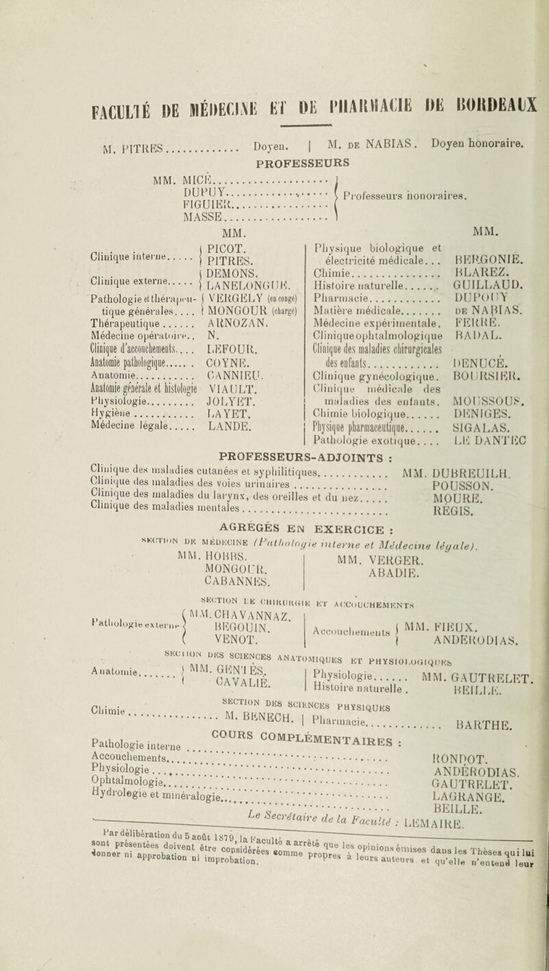 FACULTÉ DE MÉDECINE ET Oli l'IlAKHAÜE DE BORDEAUX M PITRES . . Doyen. | M. de NABIAS. Doyen honoraire. PROFESSEURS MM. MICÉ. DUPUY.. FIGUIER. MASSE. MM. Professeurs honoraires. pi- • • ) PICOT. Clinique interne.j PITRES . ( DEMONS. Clinique externe. j laNELONGUK. Pathologie et théraptm- ( VERGEE Y (en congé) tique générales. ... I MONGOUR (chargé) Thérapeutique. ARNOZAN. Médecine opératoire.. N. Clinique d’accouchements.... LEFOUR. Anatomie pathologique. COYNE. Anatomie. OANNIEU. Anatomie generale et histologie VIA IJ LT. Physiologie. JOLYET. Hygiène. LAYET. Médecine légale. LANDE. MM. BERGONIE. Physique biologique et électricité médicale... Chimie. BLAREZ. Histoire naturelle. GUILLAUD. Pharmacie. DUPOUY Matière médicale. de NABIAS. Médecine expérimentale. FERRE. Clinique ophtalmologique BADAL. Clinique des maladies chirurgicales des enfants. DENUCÉ. Clinique gynécologique. BOURSIER. Clinique médicale des maladies des enfants. MOUSSOUS. j Chimie biologique. DENIGES. ! Physique pharmaceutique. S1GALAS. I Pathologie exotique. .. . LE DANTI PROFESSEURS-ADJOINTS : Clinique des maladies cutanées et syphilitiques. MM. DUBREUILH. Clinique des maladies des voies urinaires. n^nocAM Clinique des maladies du larynx, des oreilles et du lie/.. Clinique des maladies mentales . . POUSSON. MOURE. RÉGIS. AGRÉGÉS EINI EXERCICE : skct.on ÜK Médecine (Pathologie interne et Médecine légale). .. MM. VERGER. MM. HOBBS. MONGOUR. CABAN N ES. ABADIE. Patl lologie externe SEC 1 ION LE CH1IU1KGIE ET ACCOUCHEMENTS MM.CHAVANNAZ. BEGOUIN. VENOT. Accouchements ^ ^^ \ ANDERODI AS. skc,1(;:;?.sciences anatümi^s ^ physiologue Anato,ule.} -UiuNIES, Physiologie. MM. GAUTRELET. CAVAL1E. Histoire naturelle BEI LUE. Chimie. PHÏS,<‘01“ b,0H' I Pharmacie. BARTHE. cruTDo na,.— _ Pathologie interne RONDOT. ANDÉRODIAS. GAUTRELET. LAGRANGE. u hecreta>^ de la faculté : LEMAIRE. COURS COMPLÉMENTAIRES : Accouchements... .:. physiologie.....;;;;;;;;;. Ophtalmologie. ... Ptirdi./Al_: *... . . . Hydrologie et minéralogie Far délibération du 5 août 1879 la ir > _ ni approbation ni improbati on. propres a leurs auteurs. et qu’elle n qui 'entend leur