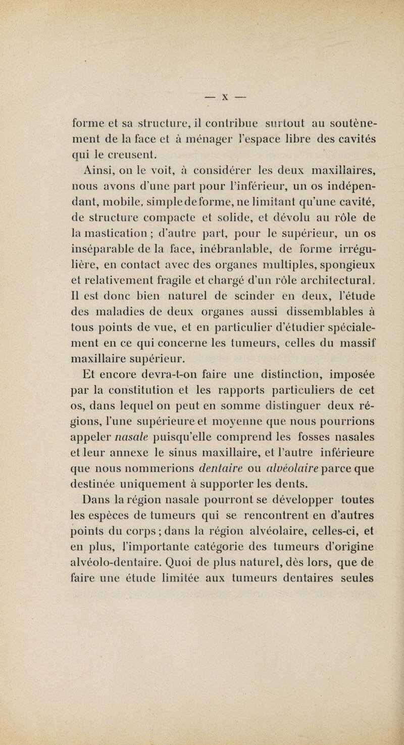 forme et sa structure, il contribue surtout au soutène¬ ment de la face et à ménager l’espace libre des cavités qui le creusent. Ainsi, on le voit, à considérer les deux maxillaires, nous avons d’une part pour l’inférieur, un os indépen¬ dant, mobile, simple déformé, ne limitant qu’une cavité, de structure compacte et solide, et dévolu au rôle de la mastication ; d’autre part, pour le supérieur, un os inséparable de la face, inébranlable, de forme irrégu¬ lière, en contact avec des organes multiples, spongieux et relativement fragile et chargé d’un rôle architectural. Il est donc bien naturel de scinder en deux, l’étude des maladies de deux organes aussi dissemblables à tous points de vue, et en particulier d’étudier spéciale¬ ment en ce qui concerne les tumeurs, celles du massif maxillaire supérieur. Et encore devra-t-on faire une distinction, imposée par la constitution et les rapports particuliers de cet os, dans lequel on peut en somme distinguer deux ré¬ gions, l’une supérieure et moyenne que nous pourrions appeler nasale puisqu’elle comprend les fosses nasales et leur annexe le sinus maxillaire, et l’autre inférieure que nous nommerions dentaire ou alvéolaire parce que destinée uniquement à supporter les dents. Dans la région nasale pourront se développer toutes les espèces de tumeurs qui se rencontrent en d’autres points du corps ; dans la région alvéolaire, celles-ci, et en plus, l’importante catégorie des tumeurs d’origine alvéolo-dentaire. Quoi de plus naturel, dès lors, que de faire une étude limitée aux tumeurs dentaires seules